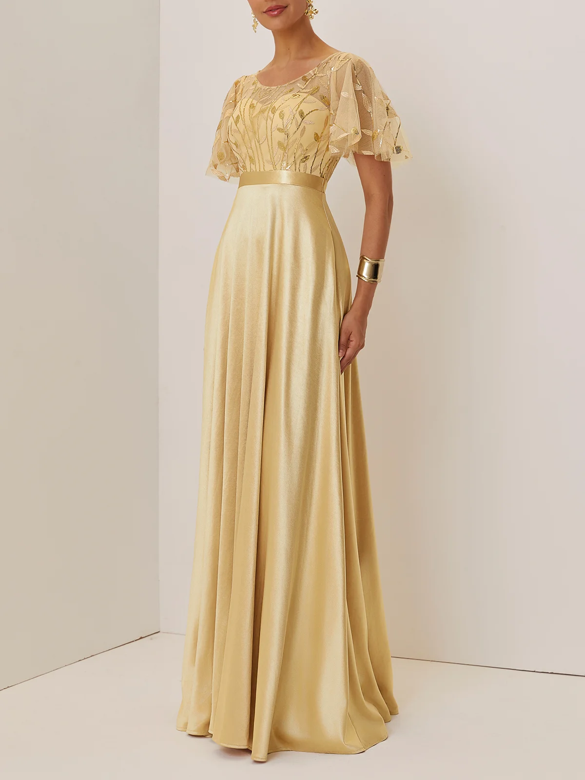 Golden Glitter Satin Crew Neck Short Sleeve Bell Sleeve A-Line Gown Dress