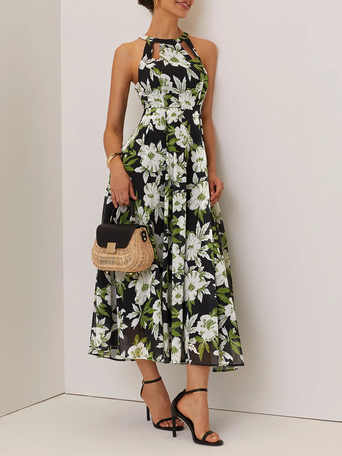 Green Floral Hollow Out Chiffon Crew Neck Sleeveless A-Line Maxi Dress