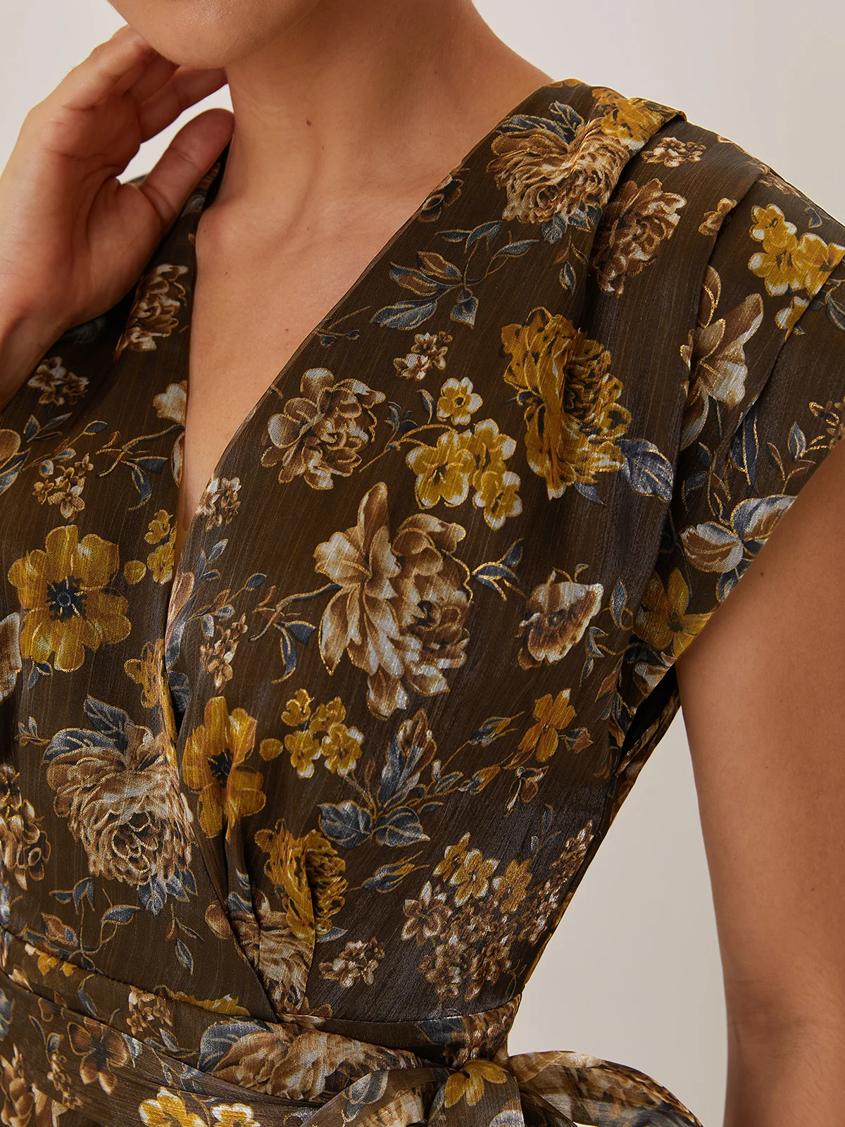 Brown Wrap Dress V Neck Chiffon Floral Sleeveless A-Line Maxi Dress
