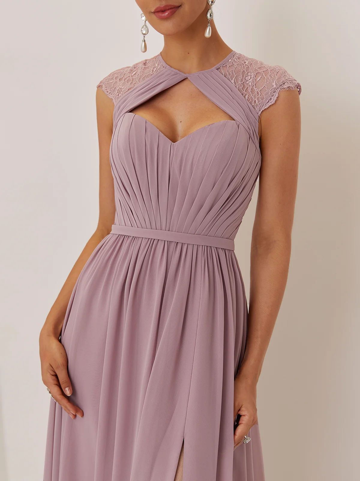 Pink Ruched Lace Chiffon Crew Neck Cap Sleeve A-Line Maxi Dress