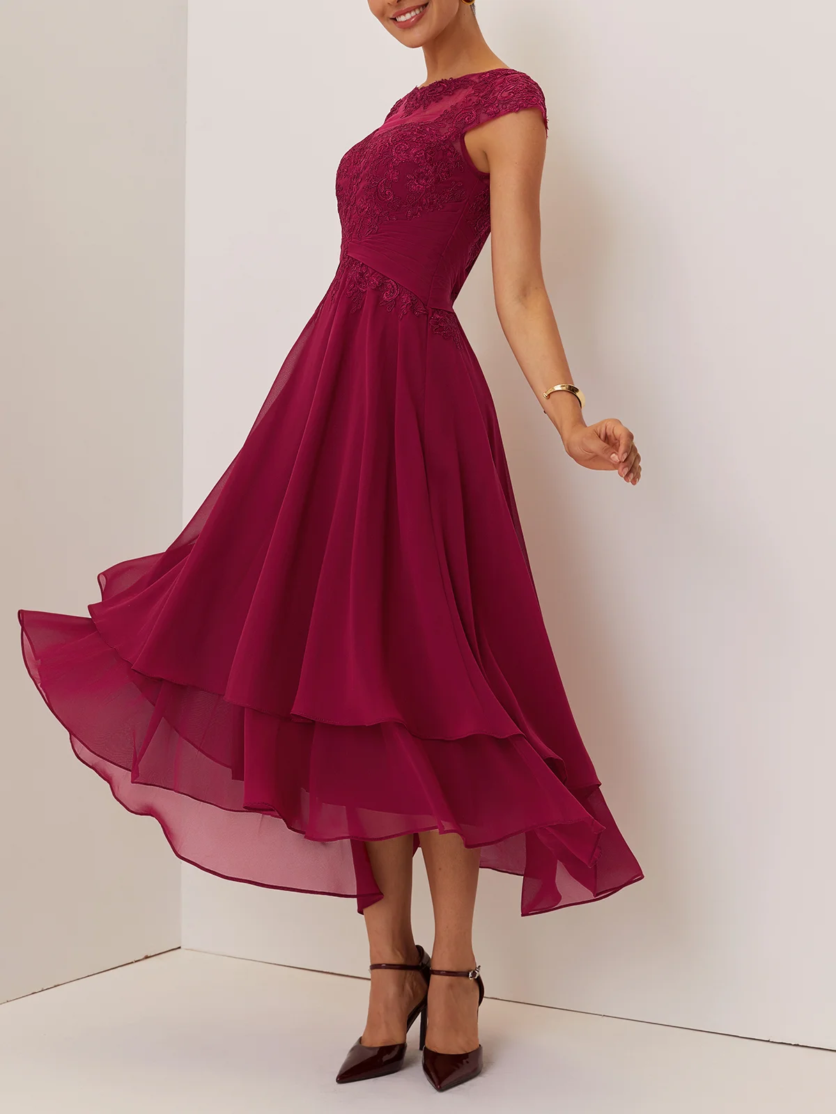 Red Lace Lace Chiffon Crew Neck Cap Sleeve A-Line Maxi Dress