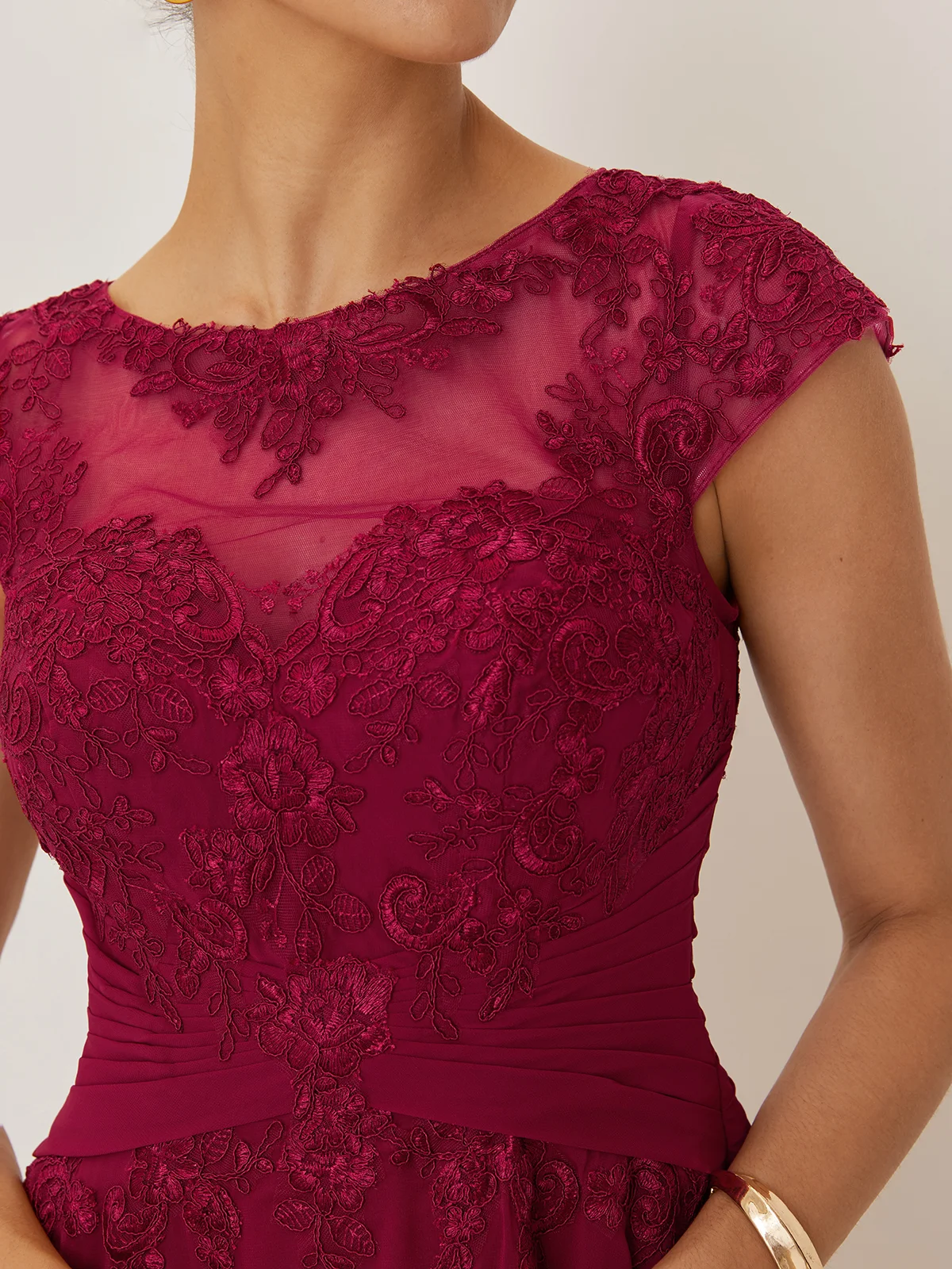 Red Lace Lace Chiffon Crew Neck Cap Sleeve A-Line Maxi Dress
