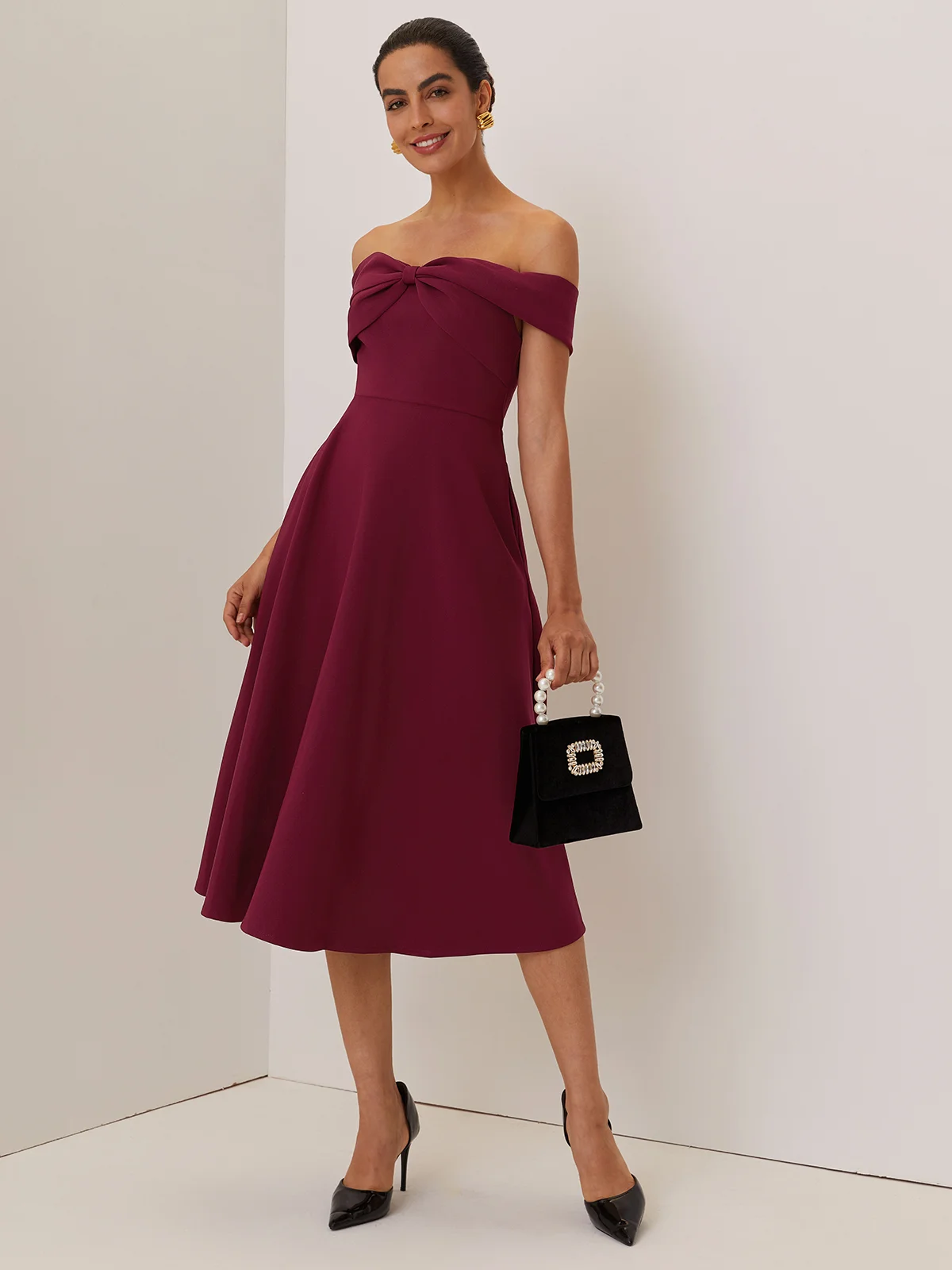 Wine Red Cross Classic Off The Shoulder Short Sleeve A-Line Midi Dress