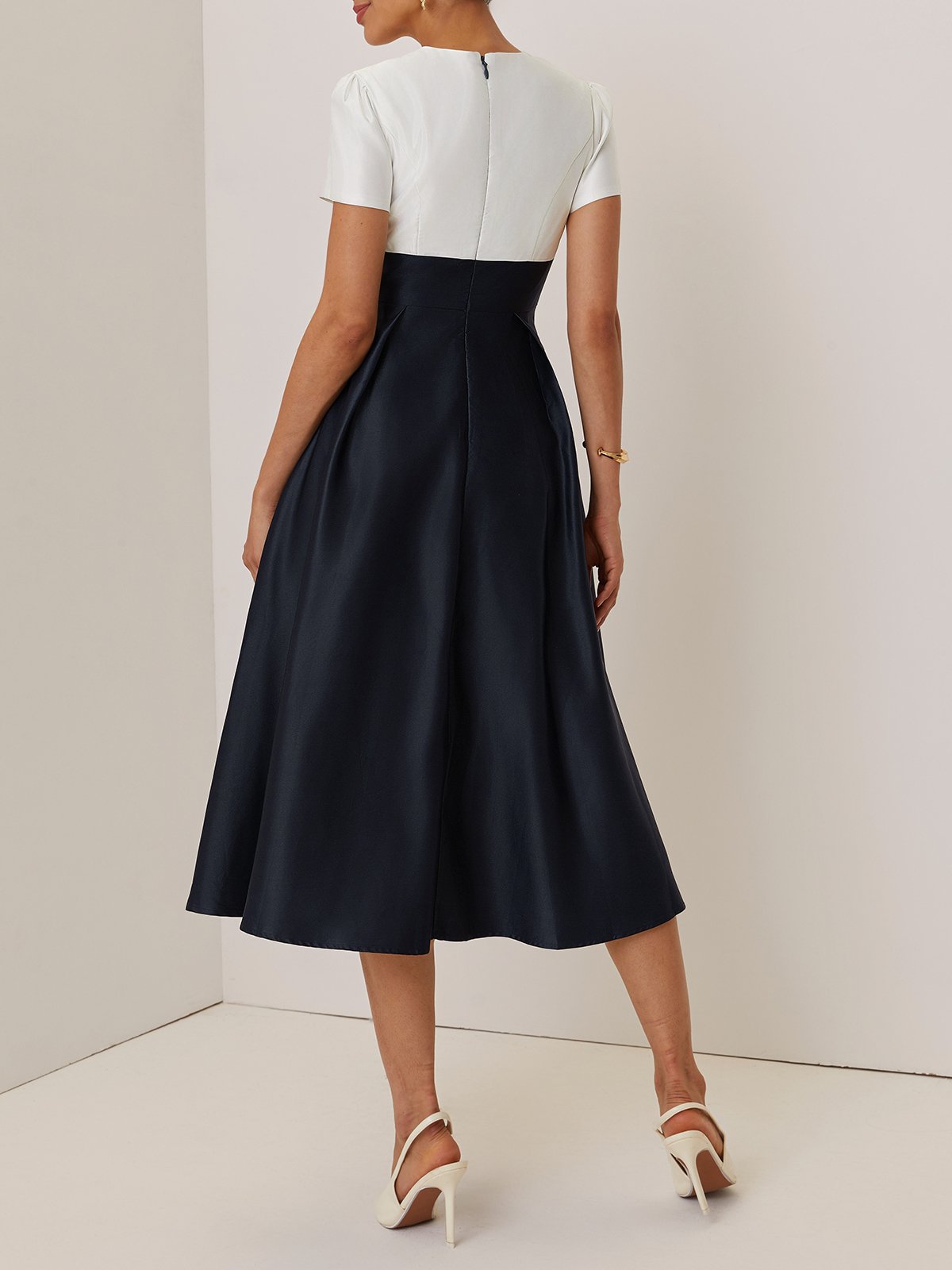 Navy Blue Embroidery Floral Satin V Neck Short Sleeve A-Line Midi Dress