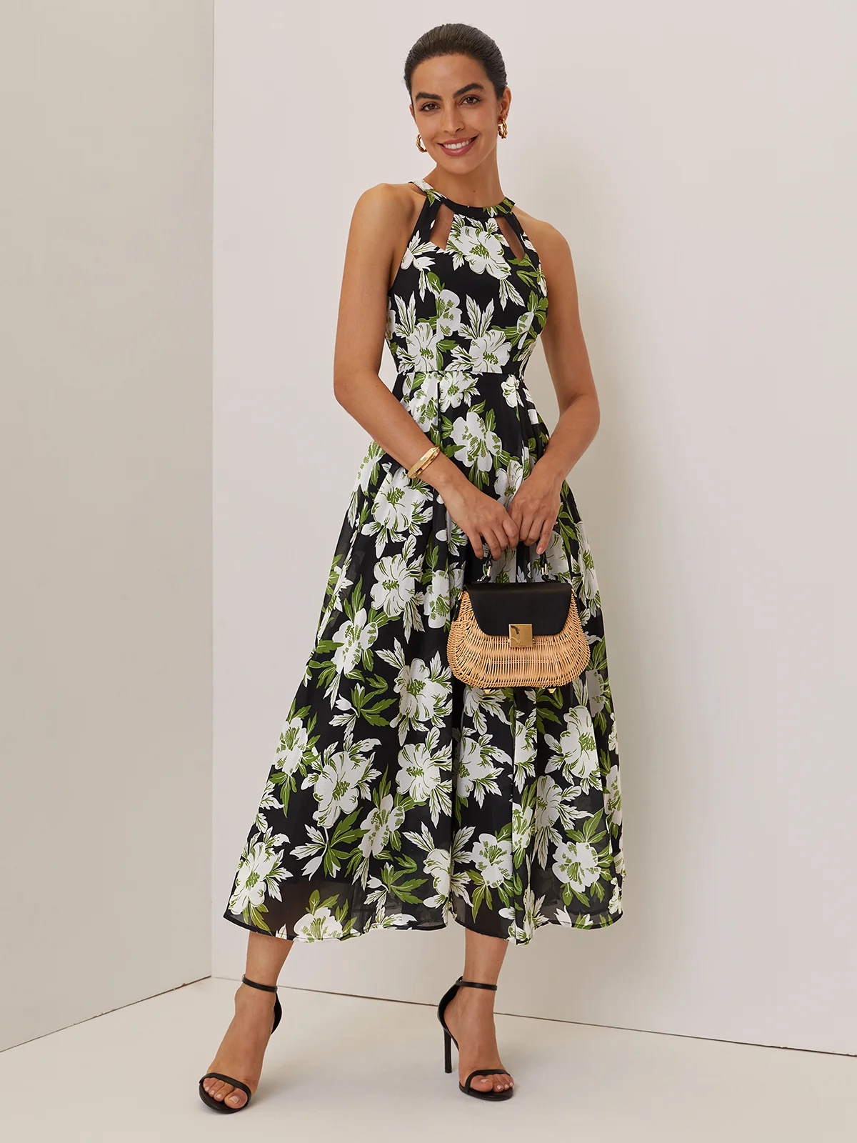 Green Floral Hollow Out Chiffon Crew Neck Sleeveless A-Line Maxi Dress