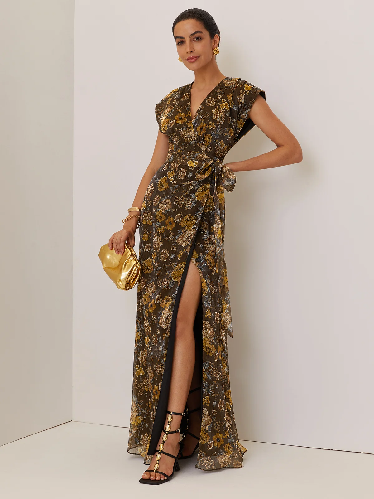 Brown Wrap Dress V Neck Chiffon Floral Sleeveless A-Line Maxi Dress