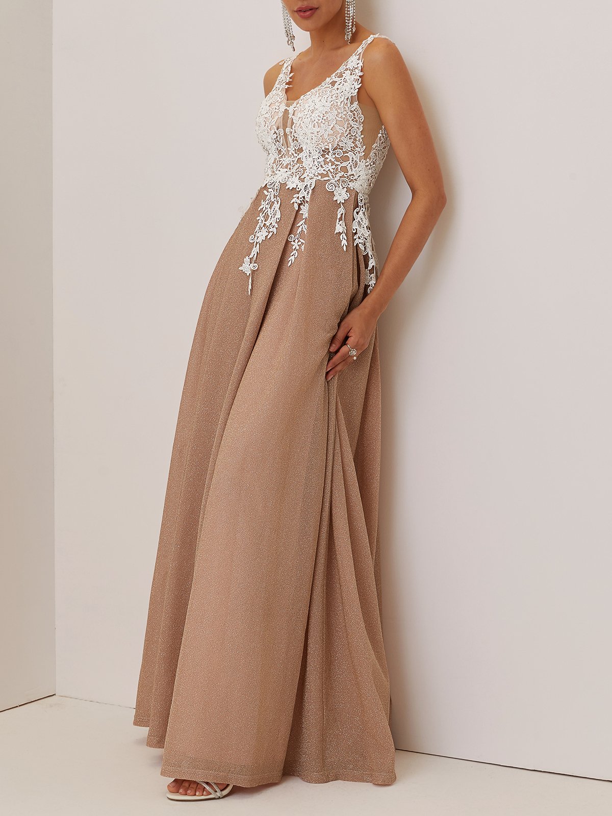 Apricot Lace Pleated Prom Dress V Neck Sleeveless A-Line Maxi Dress