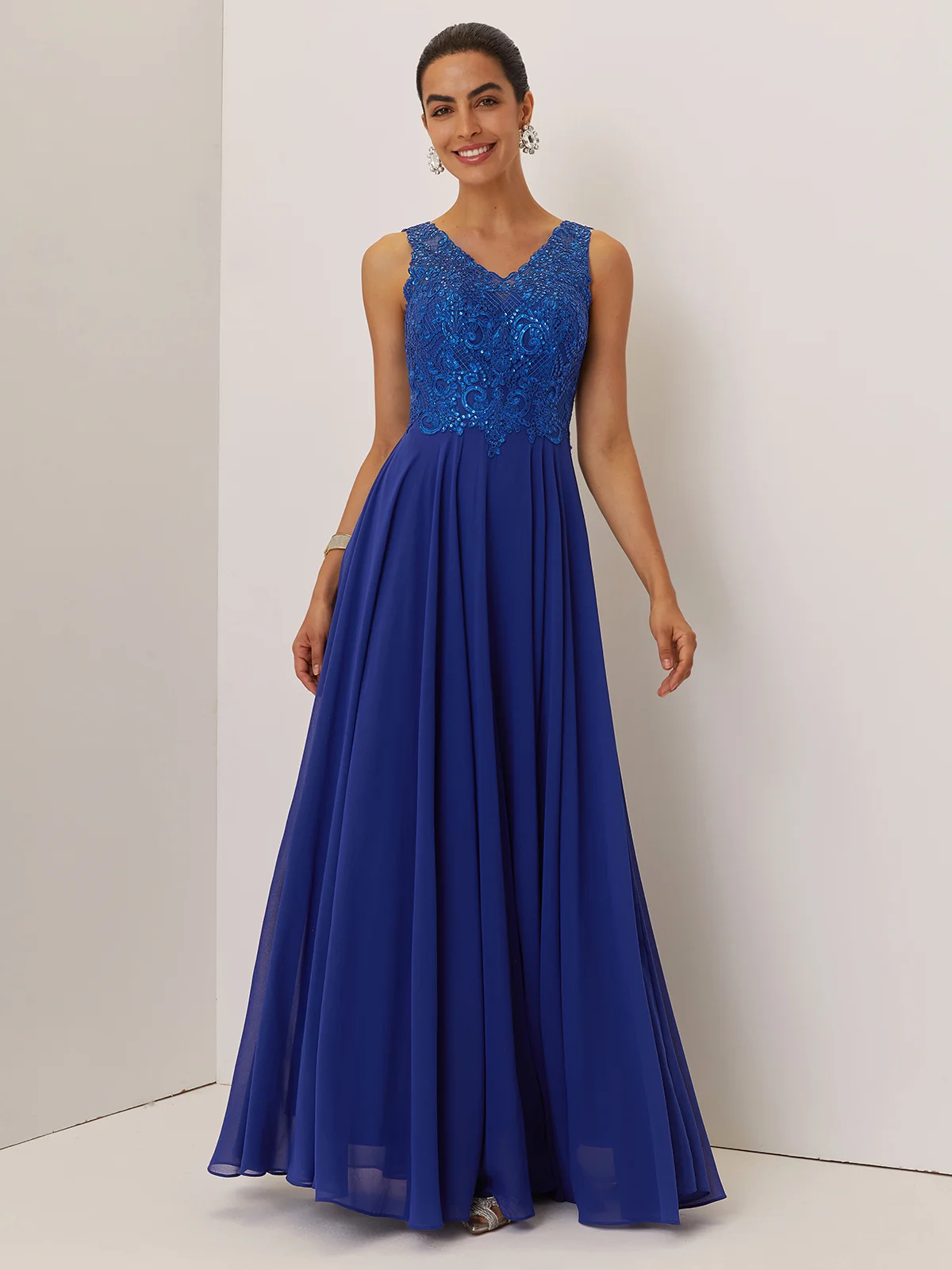 Blue Glitter Chiffon V Neck Sleeveless A-Line Maxi Dress