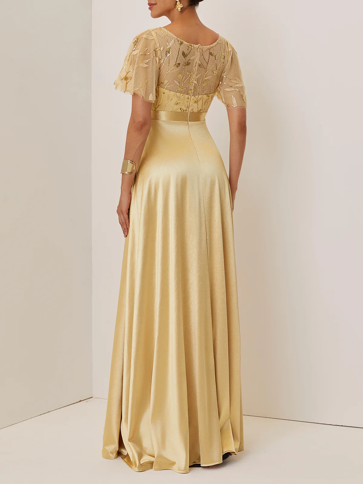 Golden Glitter Satin Crew Neck Short Sleeve Bell Sleeve A-Line Gown Dress