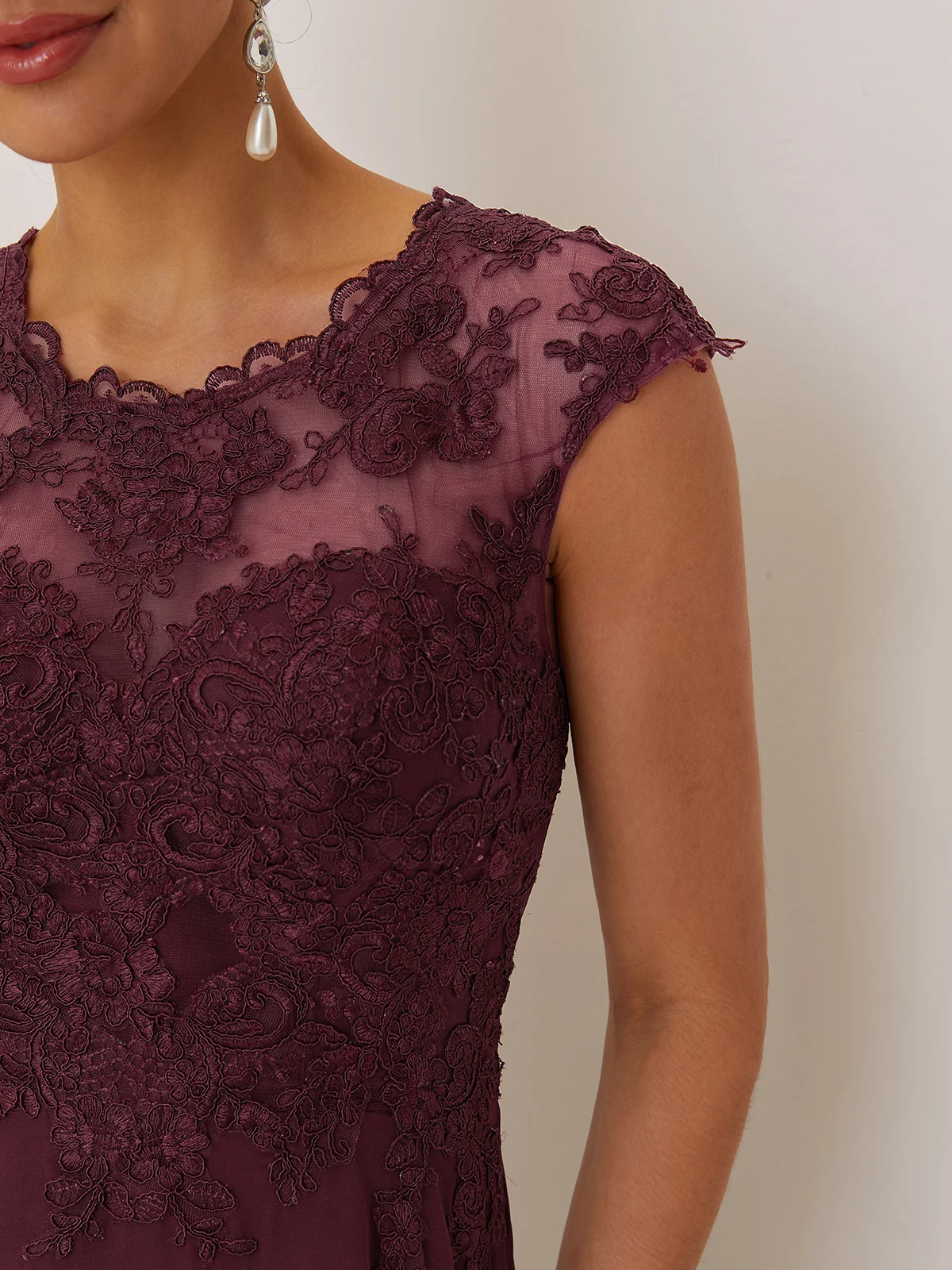 Wine Red Lace Chiffon Crew Neck Cap Sleeve A-Line Maxi Dress