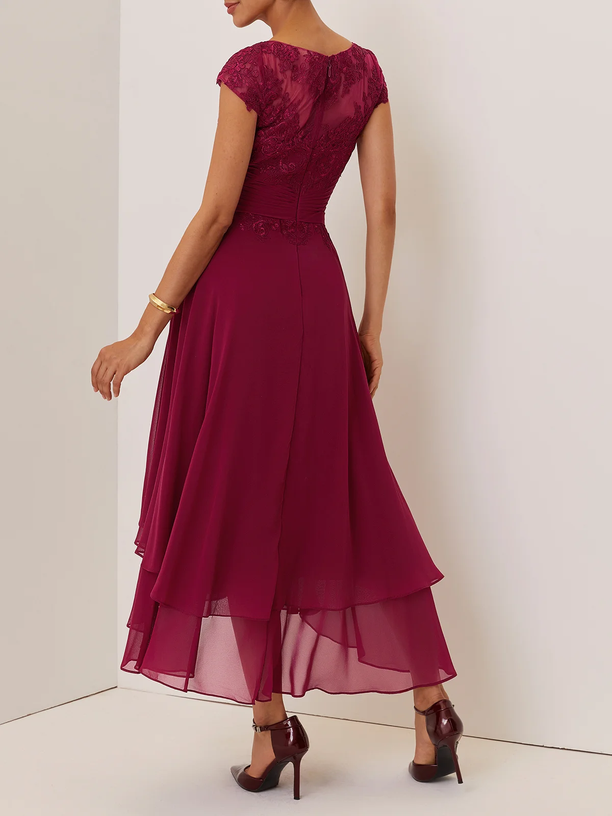 Red Lace Lace Chiffon Crew Neck Cap Sleeve A-Line Maxi Dress