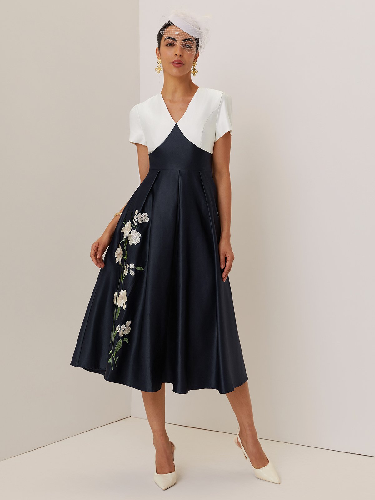 Navy Blue Embroidery Floral Satin V Neck Short Sleeve A-Line Midi Dress