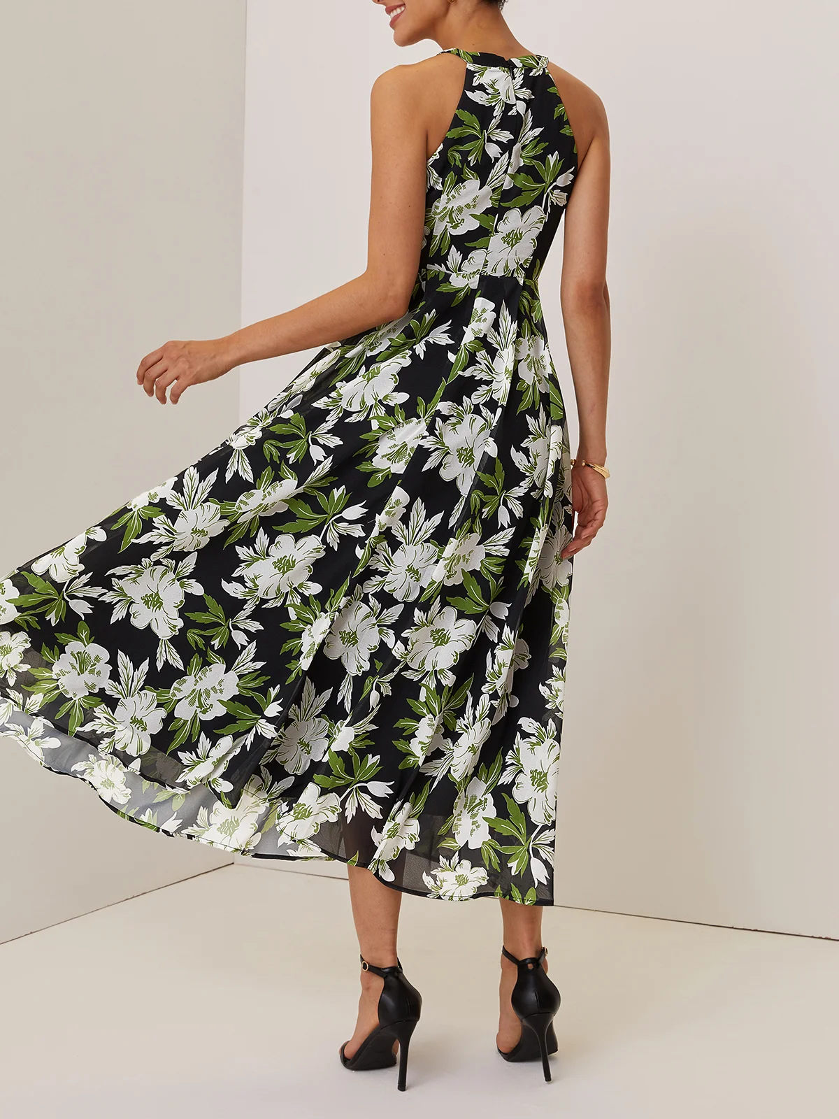 Green Floral Hollow Out Chiffon Crew Neck Sleeveless A-Line Maxi Dress