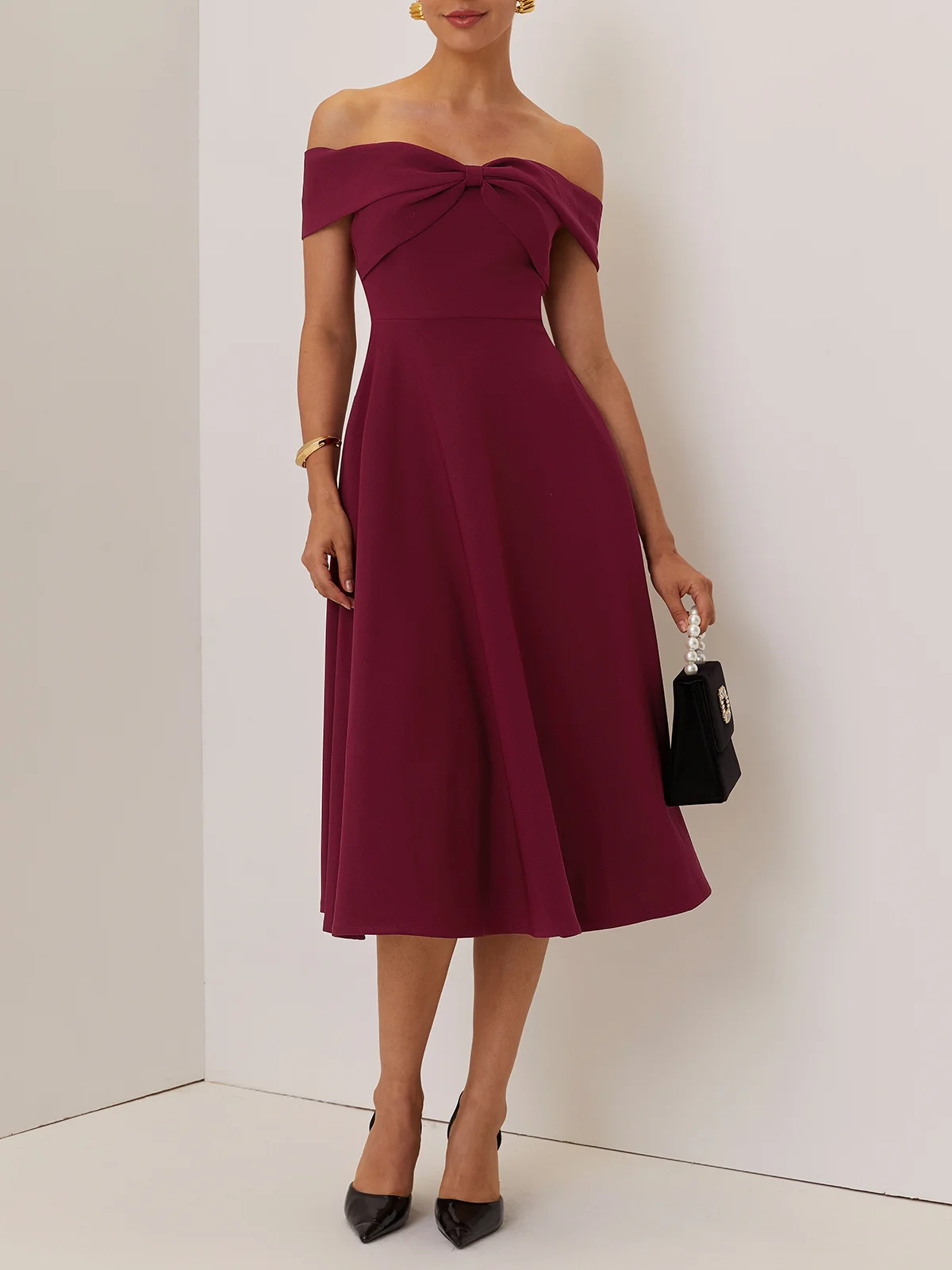 Wine Red Cross Classic Off The Shoulder Short Sleeve A-Line Midi Dress