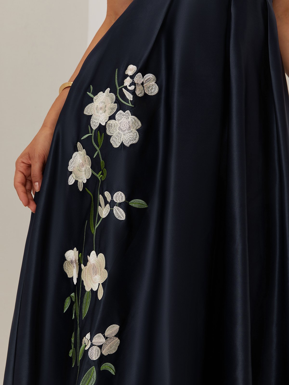 Navy Blue Embroidery Floral Satin V Neck Short Sleeve A-Line Midi Dress