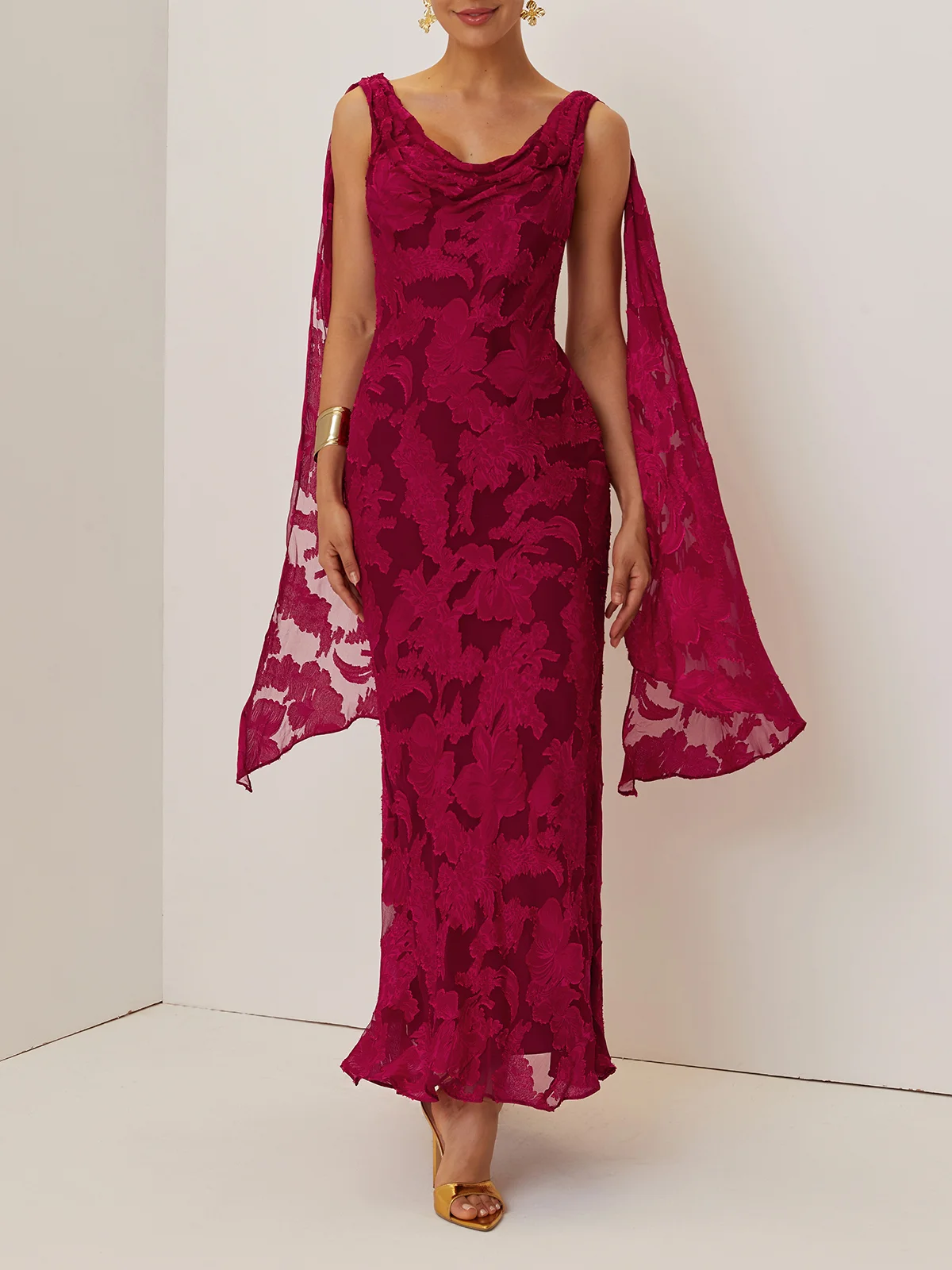 Red Classic Chiffon Floral Cowl Neck Extra-long Sleeve Sheath Midi Dress