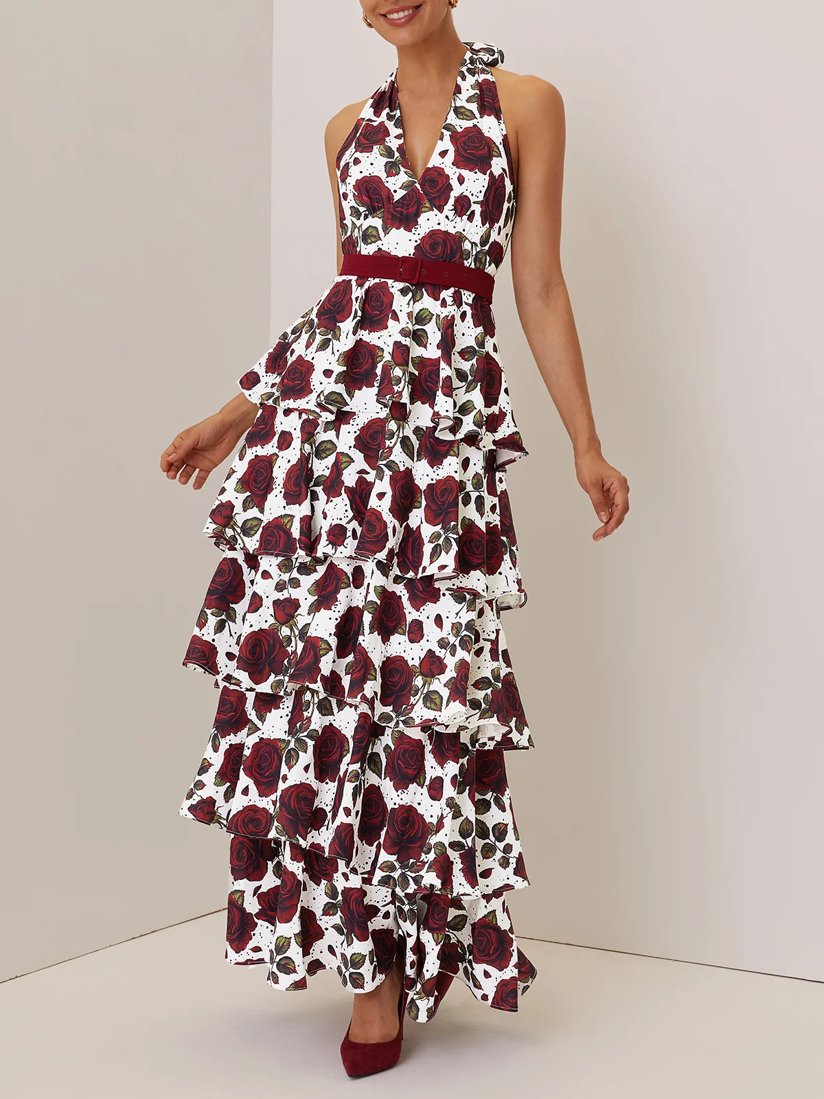 Wine Red Floral Peplum Classic Halter Sleeveless A-Line Maxi Dress
