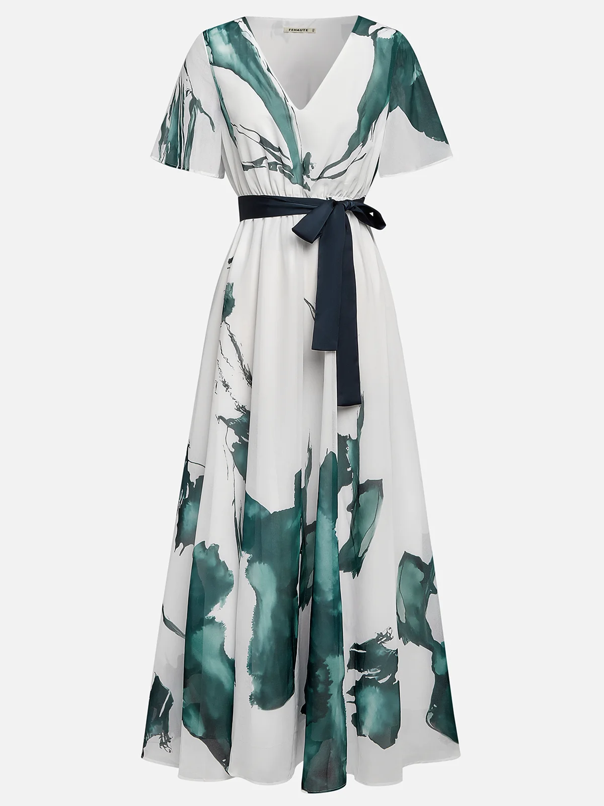 Blue Classic Floral V Neck Short Sleeve A-Line Maxi Dress
