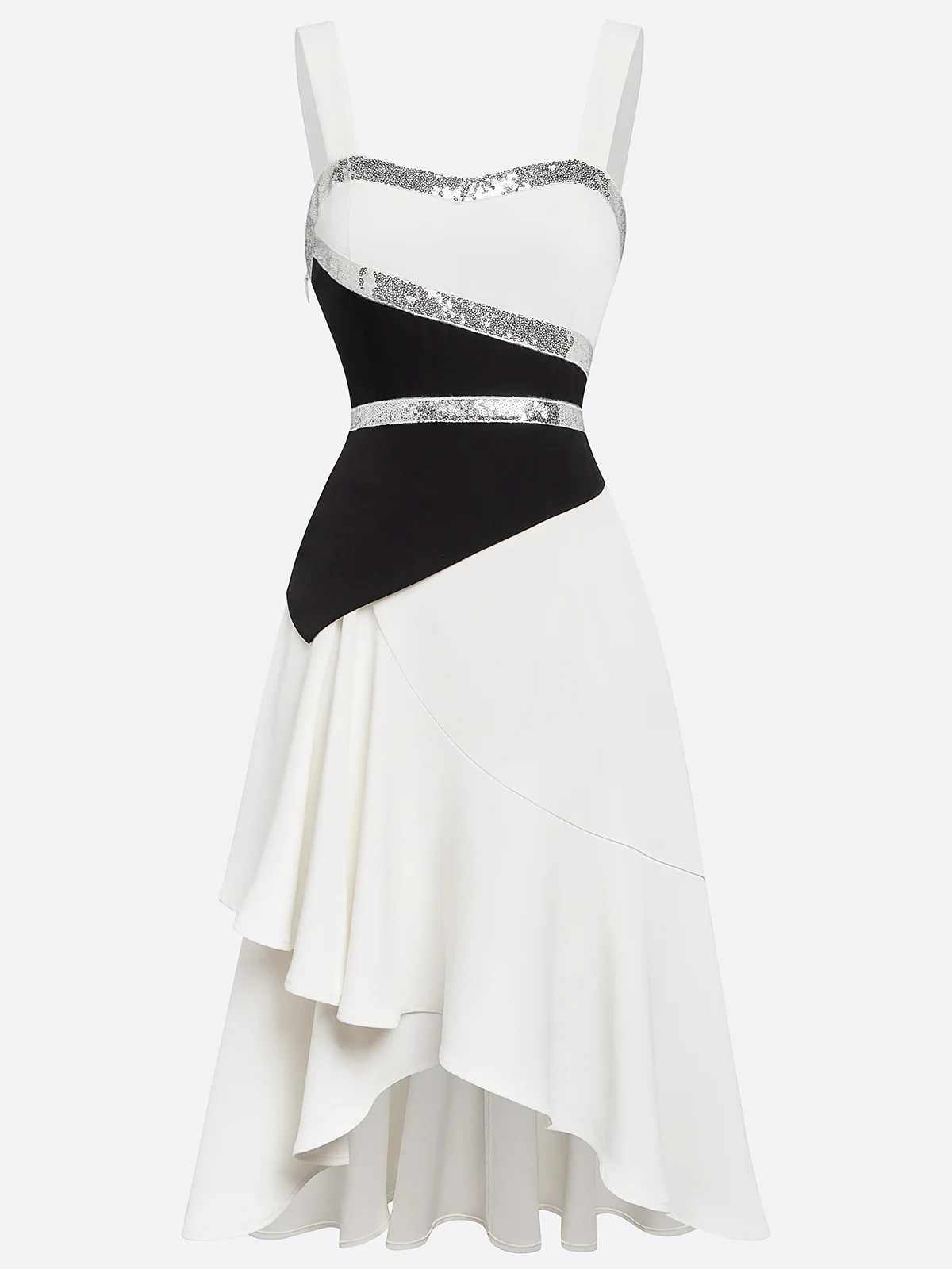 White Sequins Peplum Classic Spaghetti Gallus A-Line Midi Dress