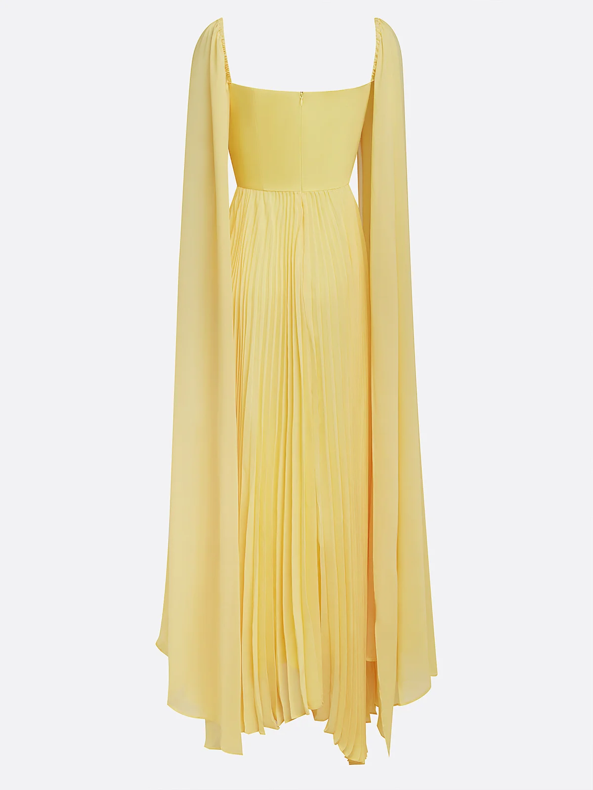 Yellow Pleated Chiffon Dress Square Neck Long Sleeve A-Line Gown