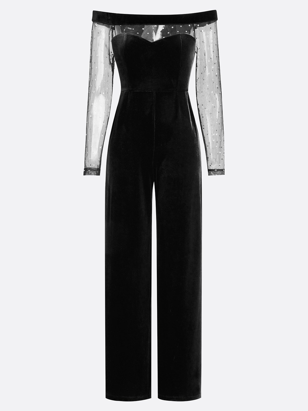 Women Black Mesh Off The Shoulder Long Sleeve Dressy Jumpsuit