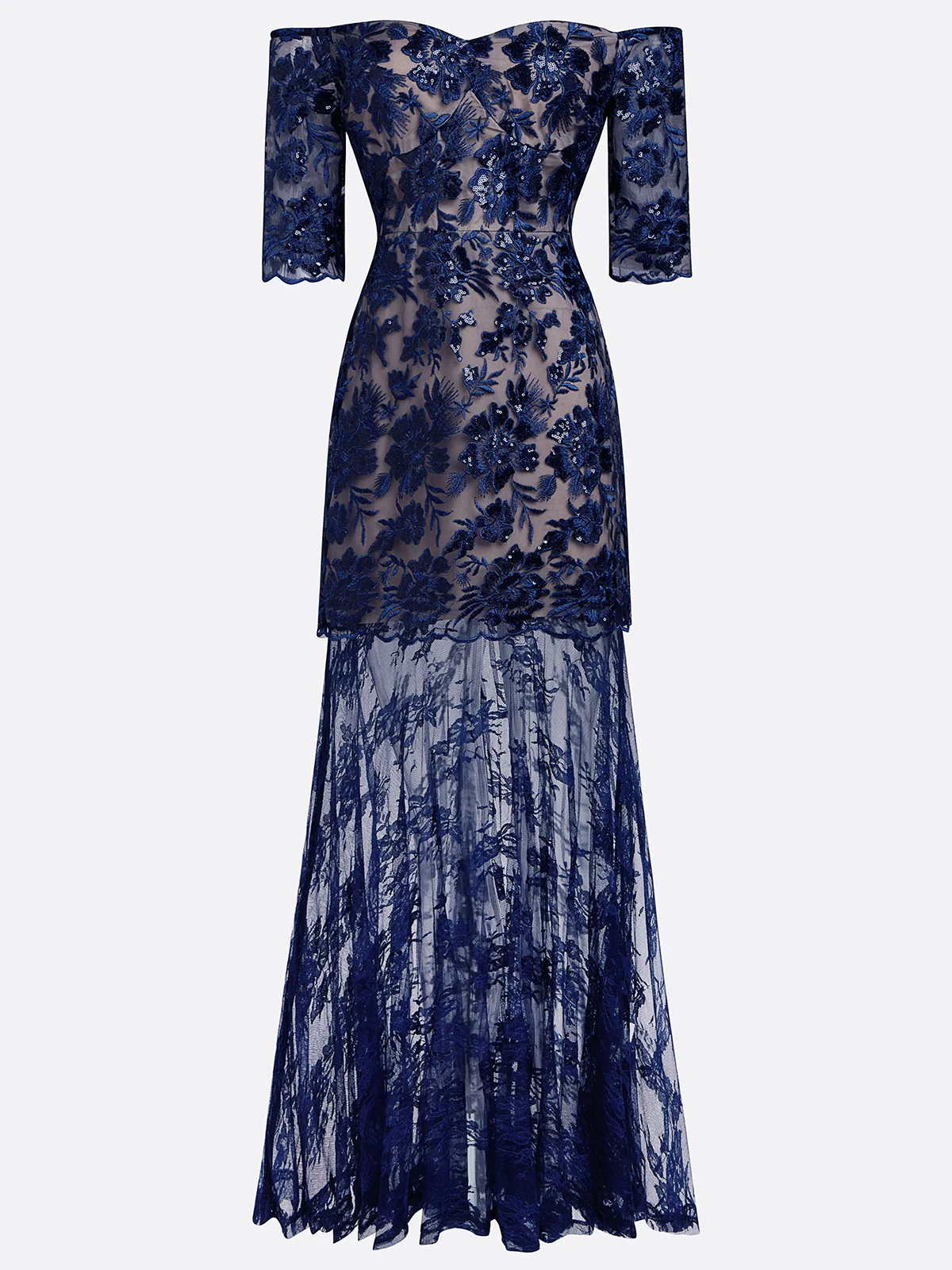 Purplish Blue Lace Off The Shoulder Half Sleeve Sheath Maxi Dress