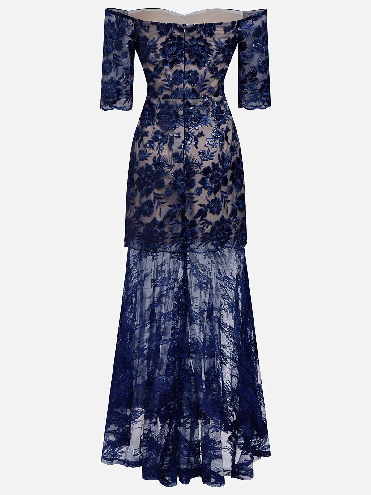 Purplish Blue Lace Off The Shoulder Half Sleeve Sheath Maxi Dress