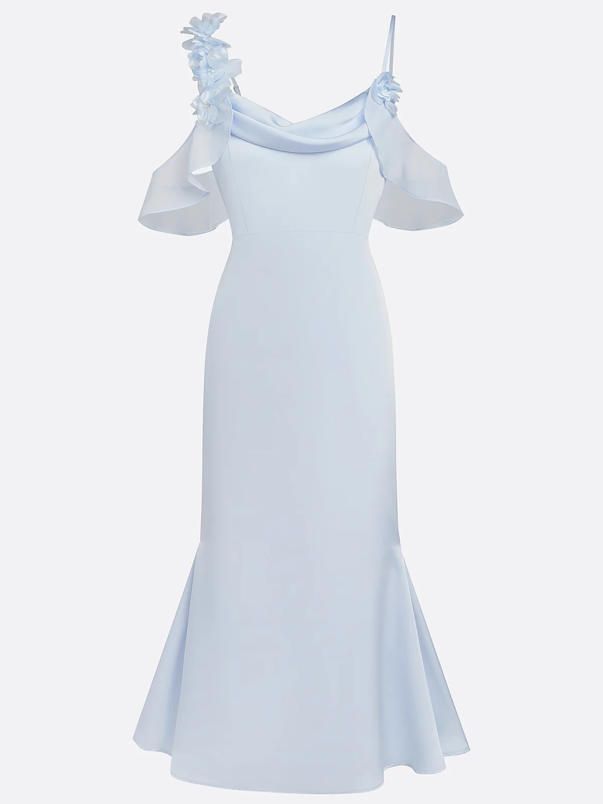 Blue Ruffled 3D Floral Satin Cowl Neck Sleeveless Mermaid Midi Dress