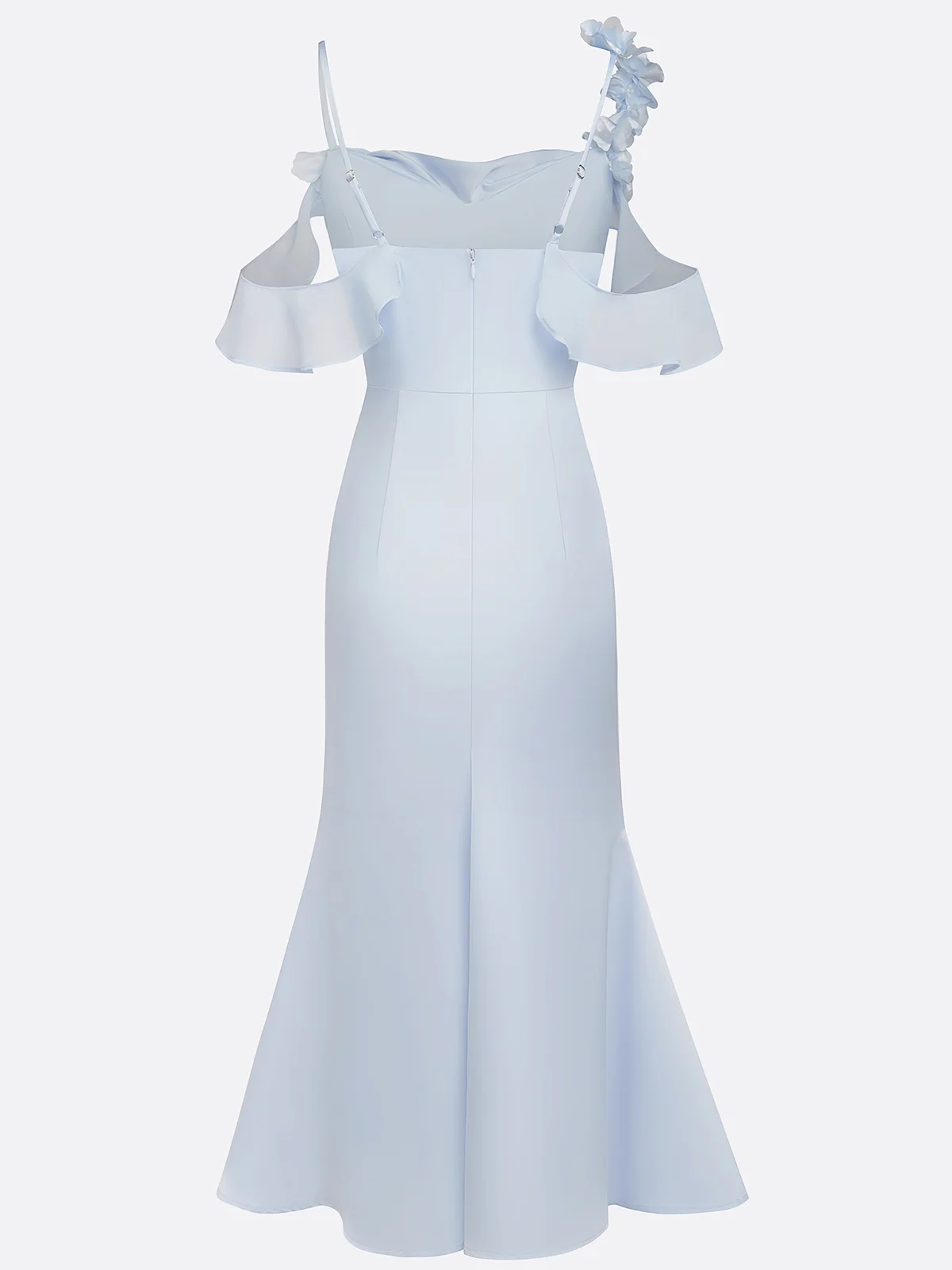 Blue Ruffled 3D Floral Satin Cowl Neck Sleeveless Mermaid Midi Dress