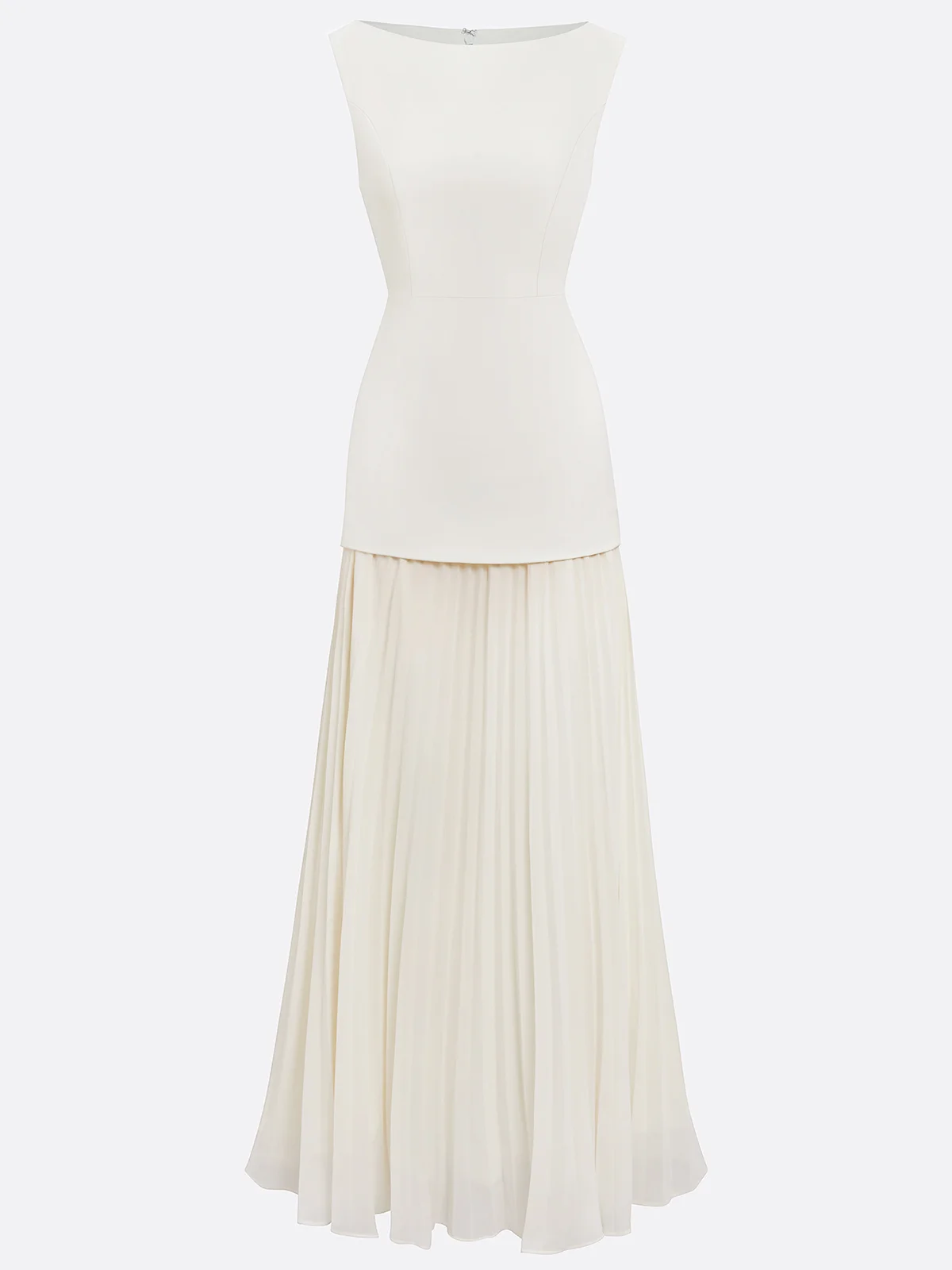 Off White Pleated Classic Boat Neck Sleeveless A-Line Maxi Dress