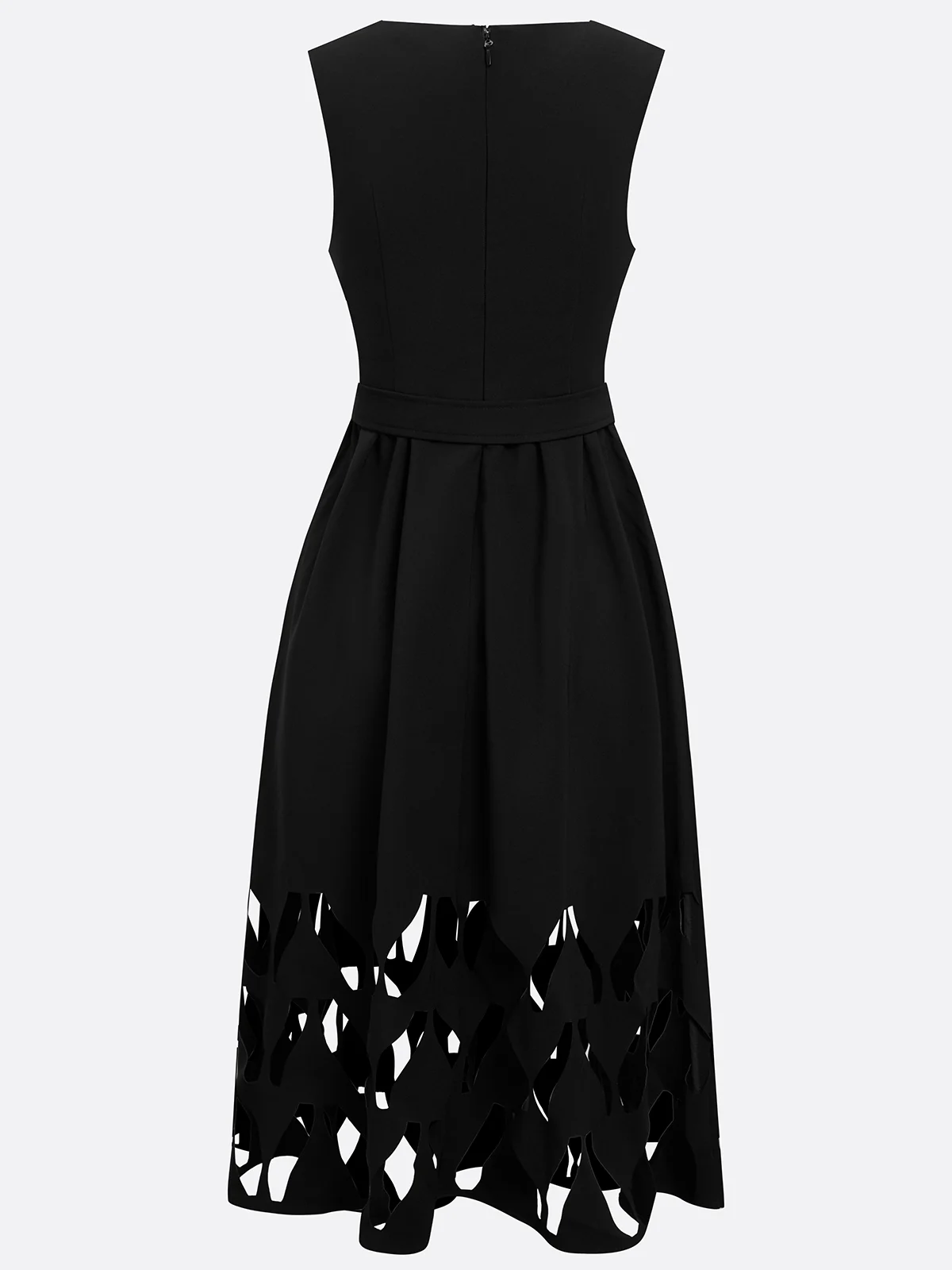 Black Devore Classic V Neck Sleeveless A-Line Midi Dress