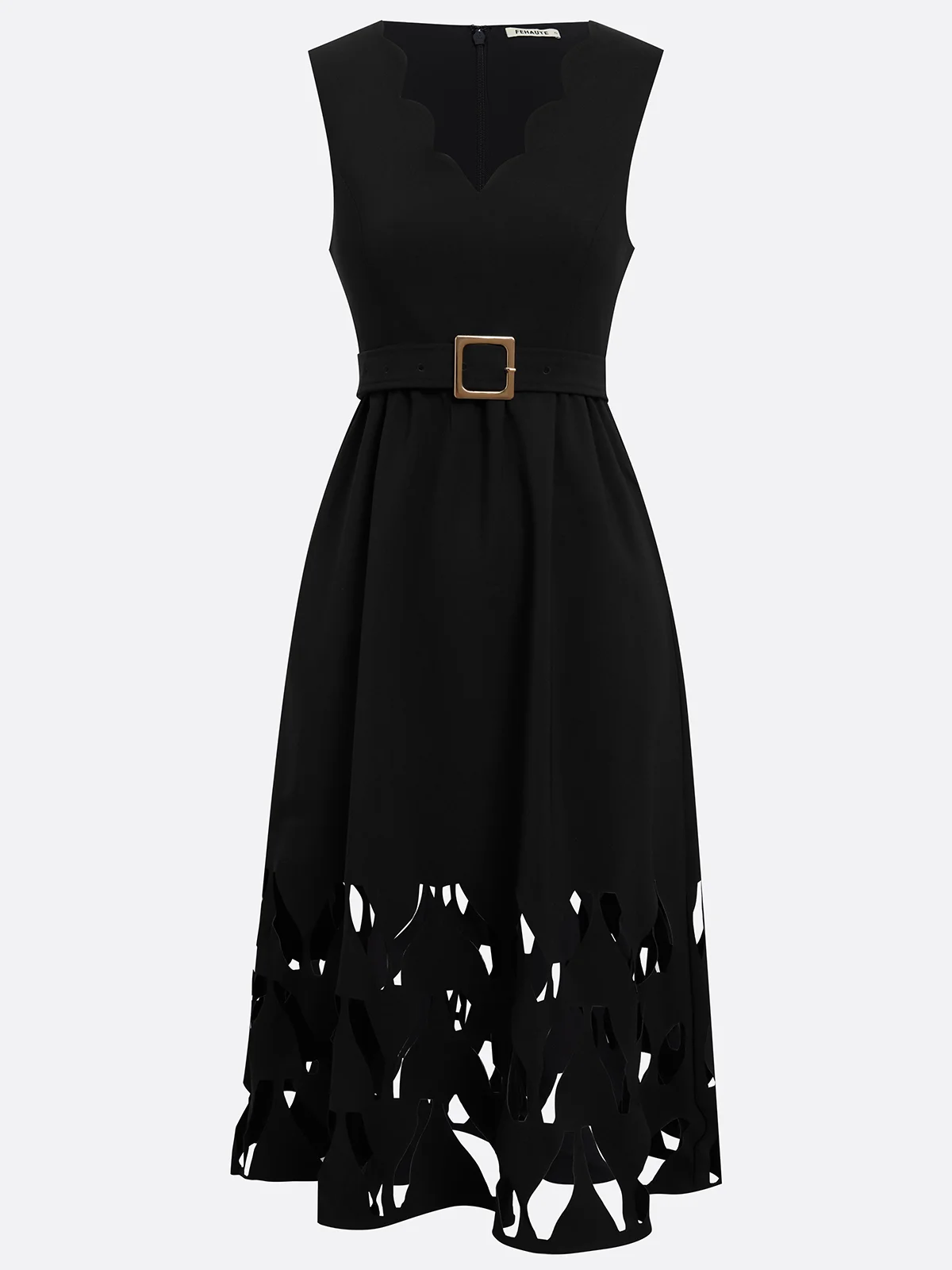 Black Devore Classic V Neck Sleeveless A-Line Midi Dress
