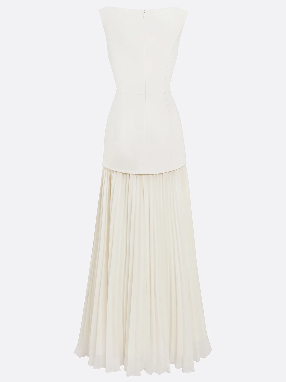 Off White Pleated Classic Boat Neck Sleeveless A-Line Maxi Dress