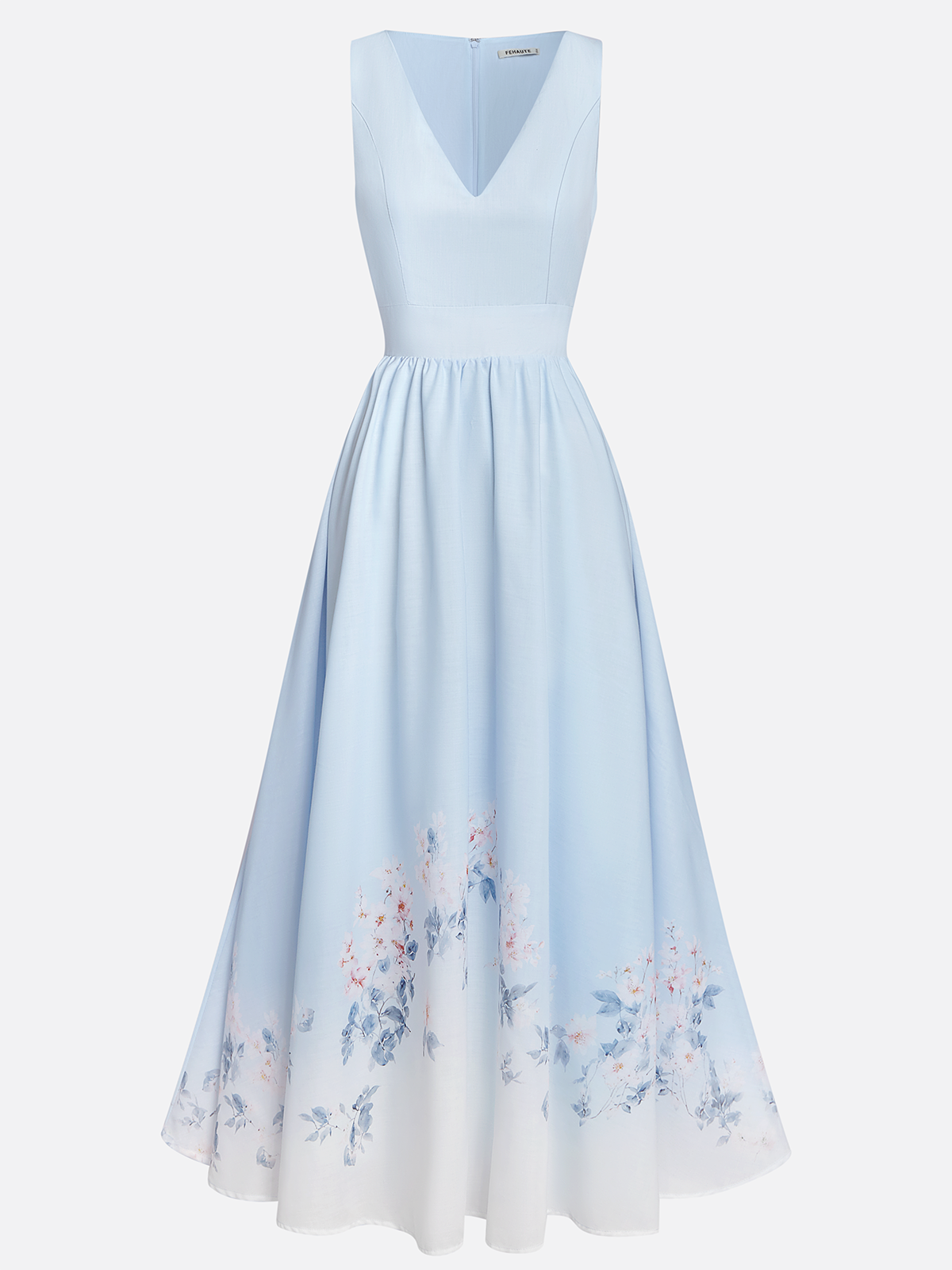 Light Blue Floral V Neck Sleeveless A-Line Maxi Dress