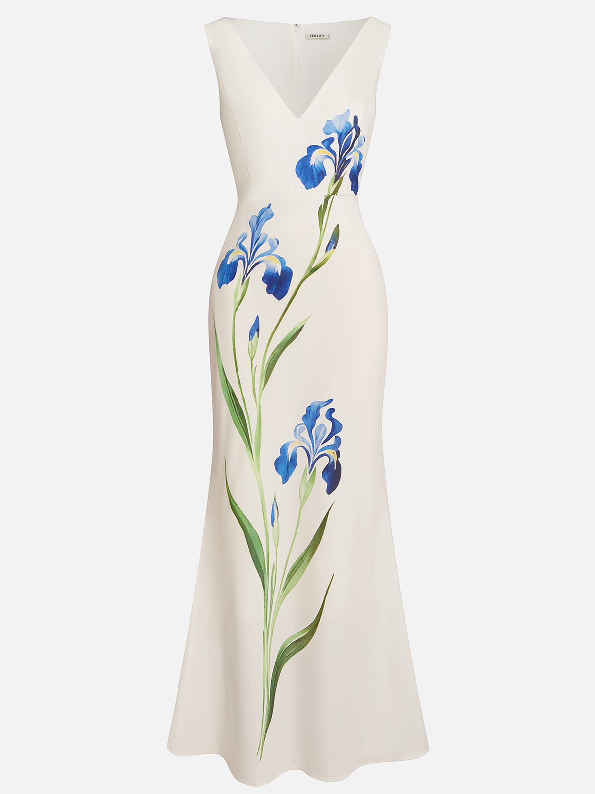 White Floral Classic V Neck Sleeveless A-Line Gown Dress