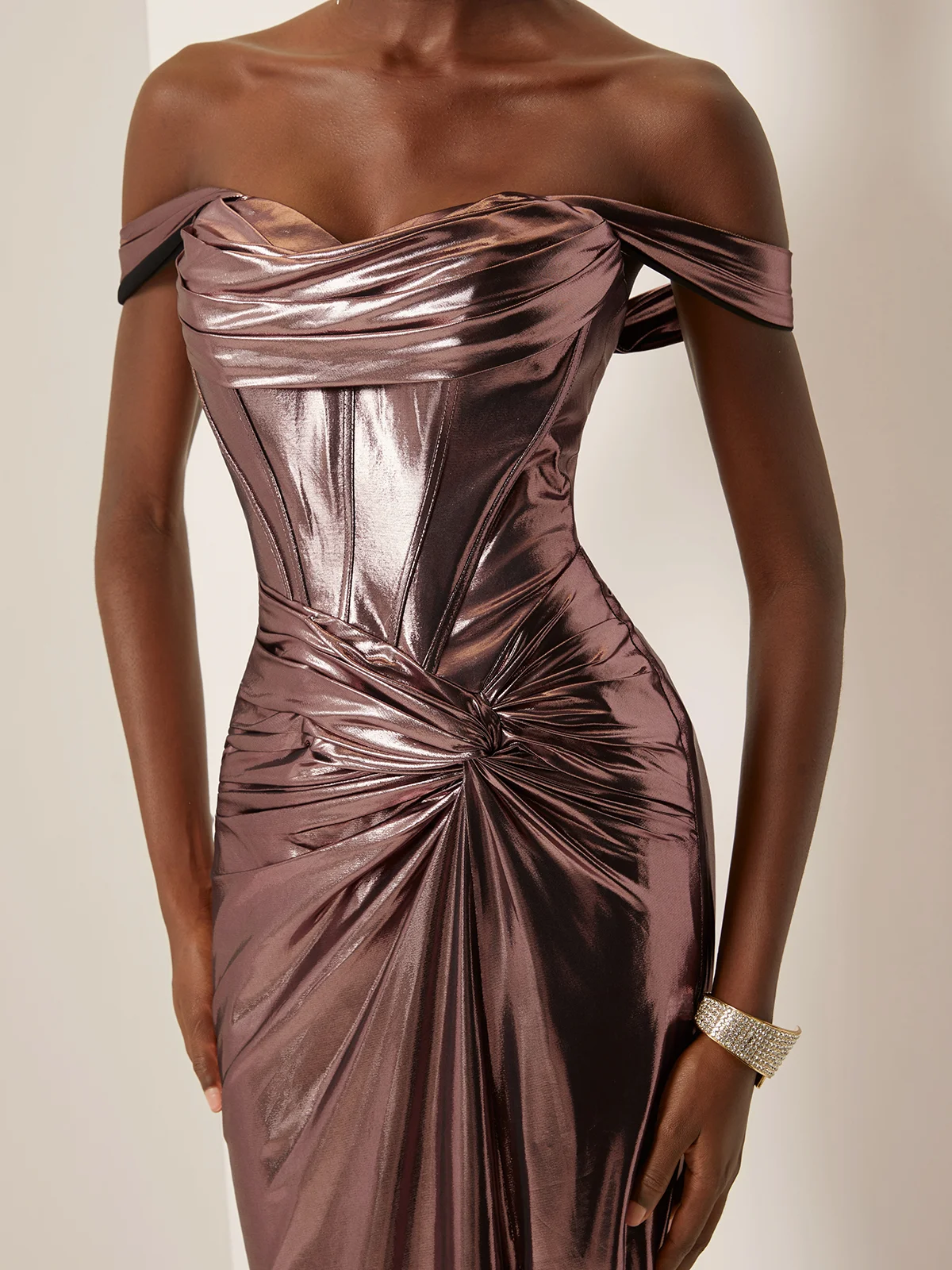 Dark Rose Glod Metallic Ruched Satin Off The Shoulder Sleeveless Sheath Corset Maxi Dress
