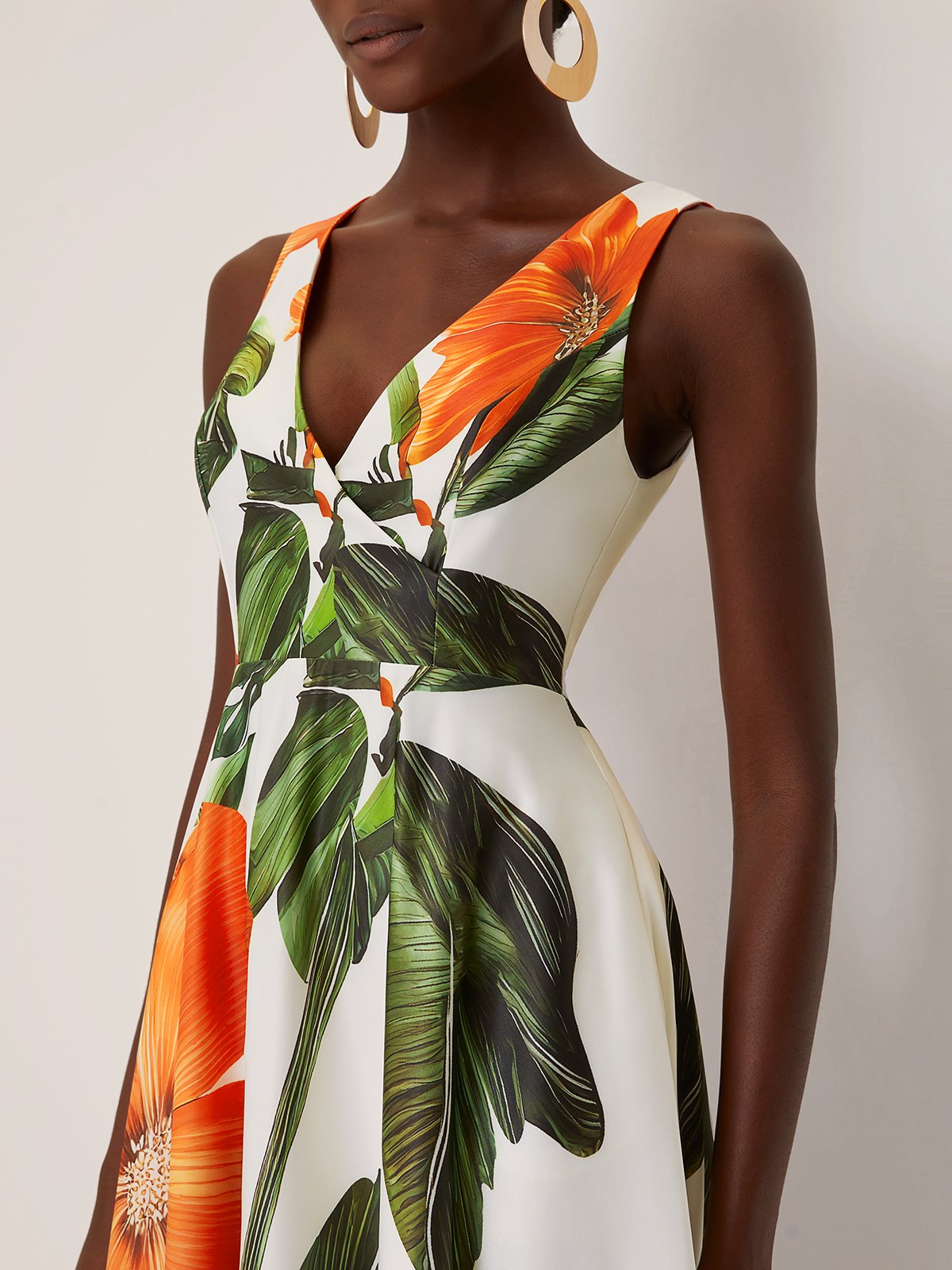 Orange Floral Satin V Neck Sleeveless A-Line Maxi Dress