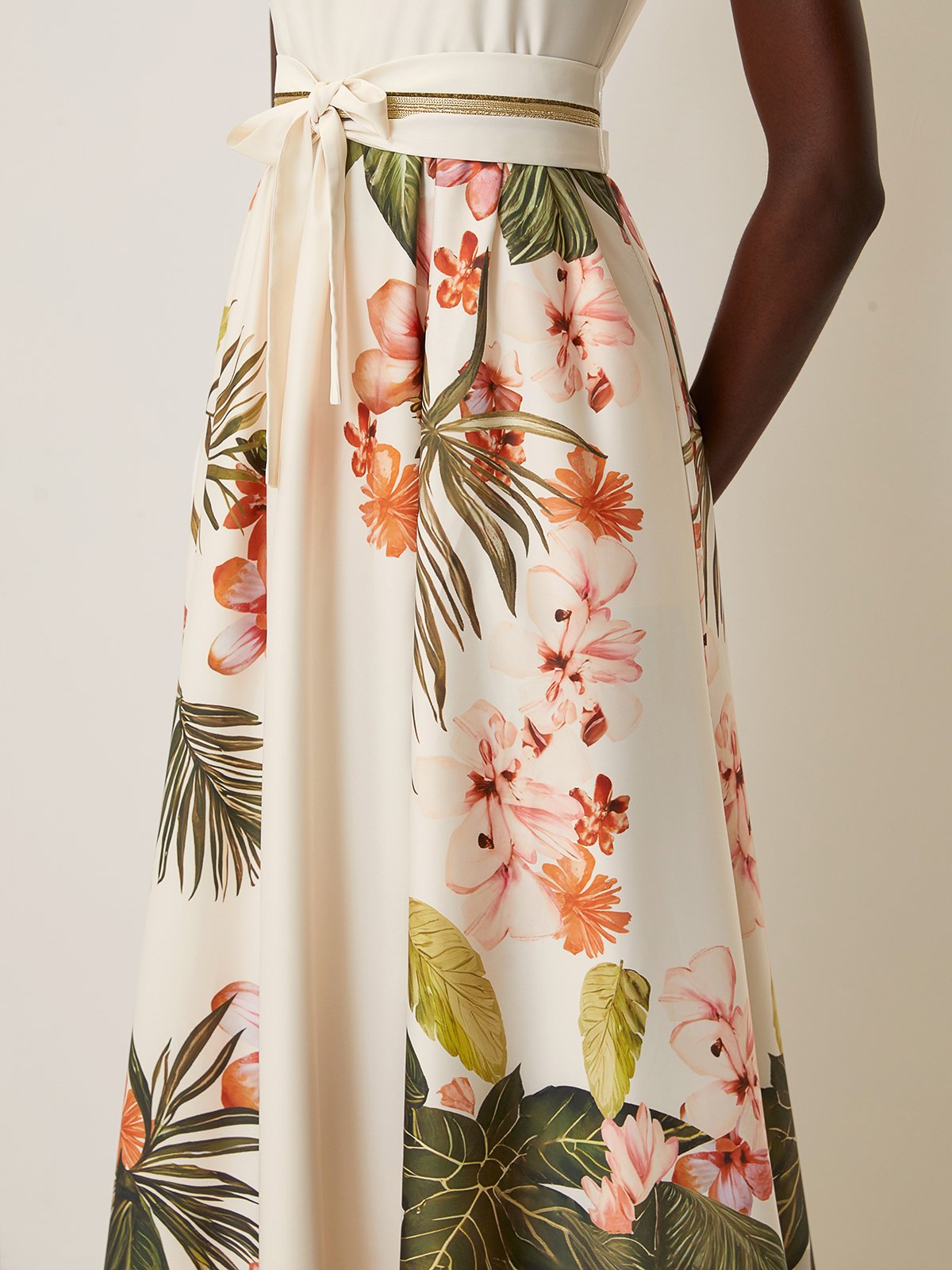 Beige Floral Bow Satin Halter Sleeveless A-Line Maxi Dress