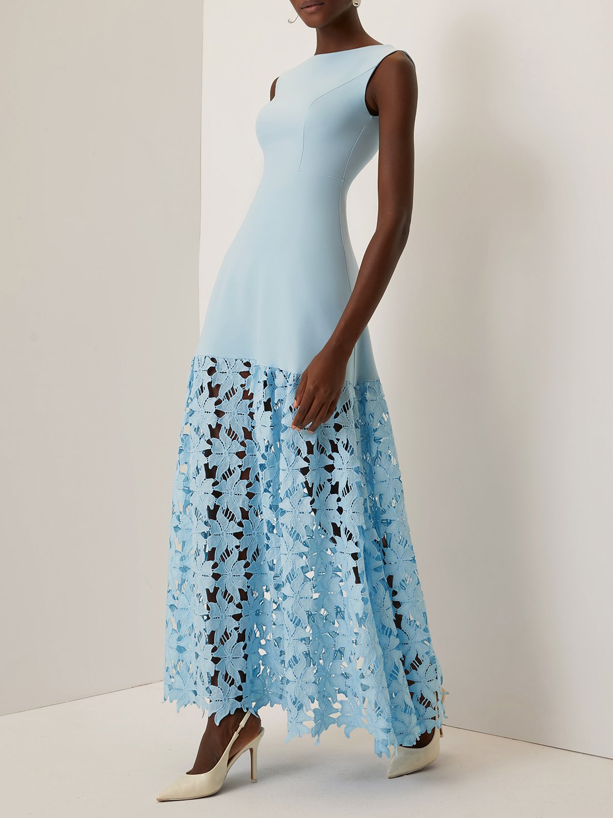 Light Blue Lace Classic Boat Neck Sleeveless A-Line Maxi Dress