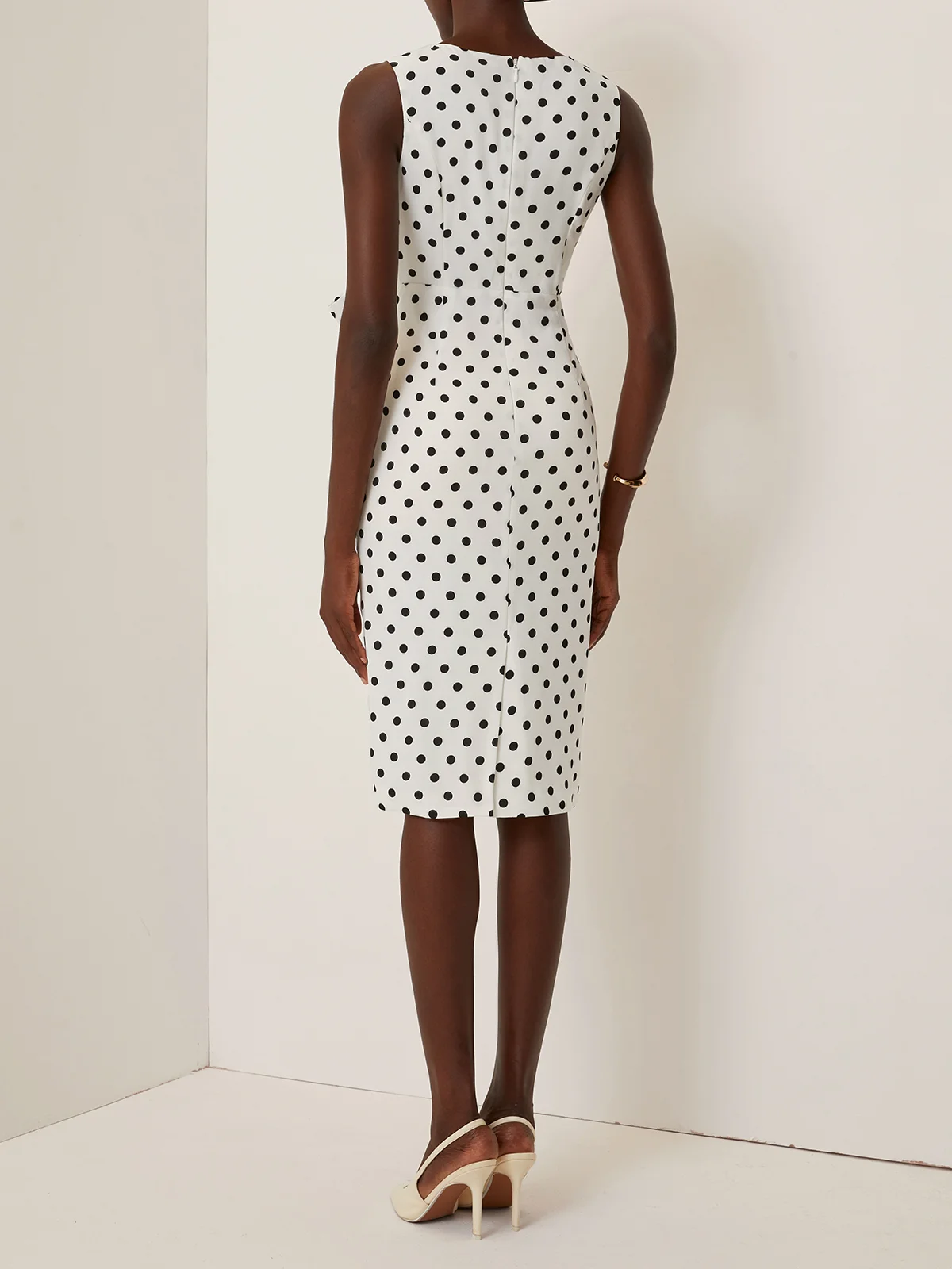 White Bow Printing Classic V Neck Sleeveless Sheath Midi Dress