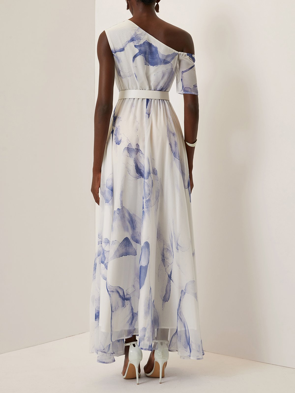 Blue Ruched Asymmetric Chiffon One Shoulder Short Sleeve A-Line Maxi Dress