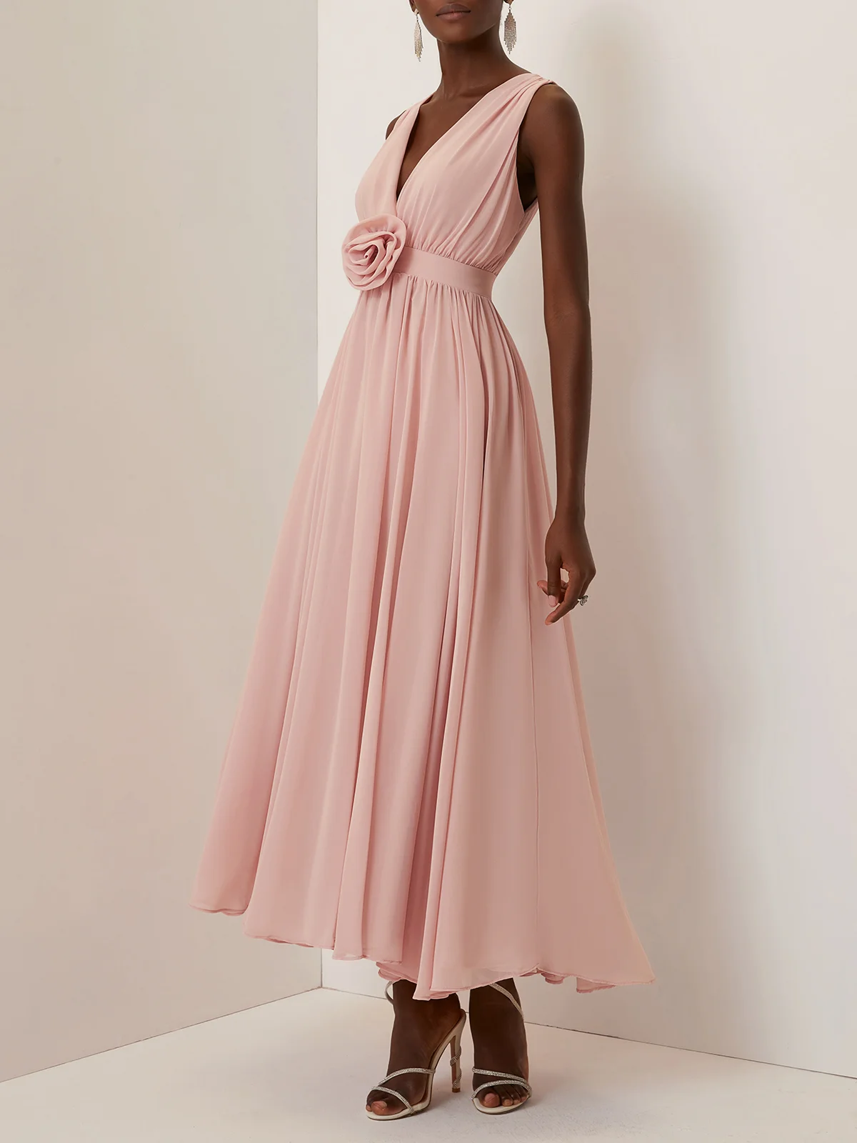 Pink 3D Floral Ruched Chiffon V Neck Sleeveless A-Line Maxi Dress