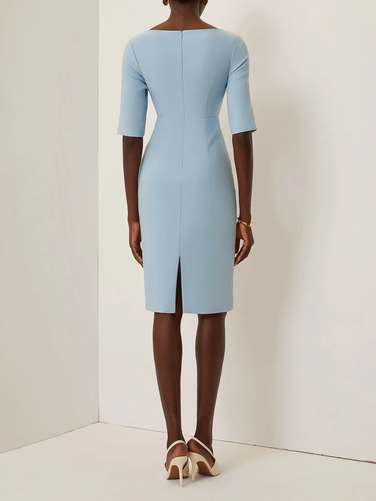 Light Blue Knot Classic Boat Neck Half Sleeve Sheath Midi Dress
