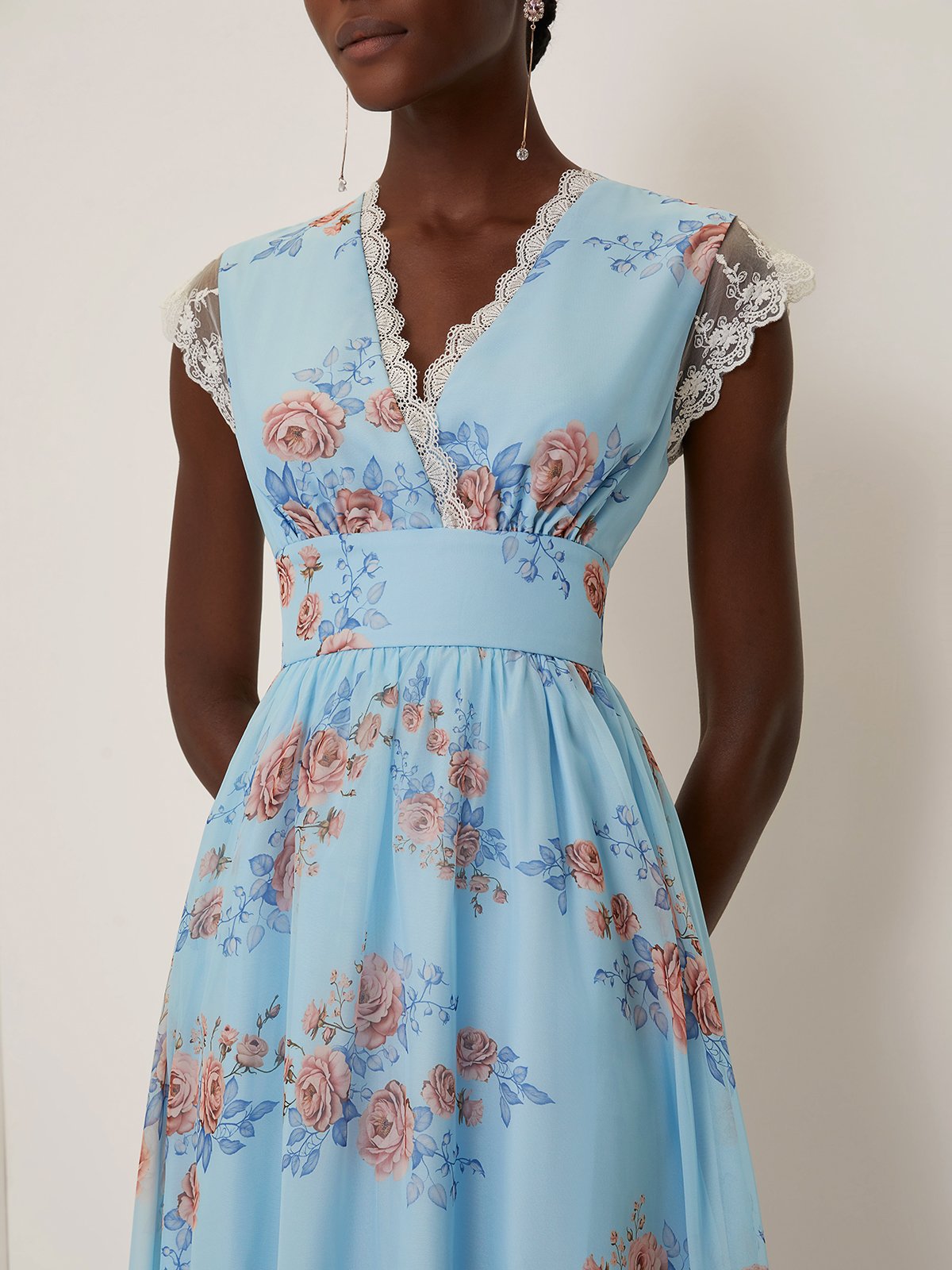 Light Blue Floral Lace Chiffon V Neck Cap Sleeve A-Line Maxi Dress