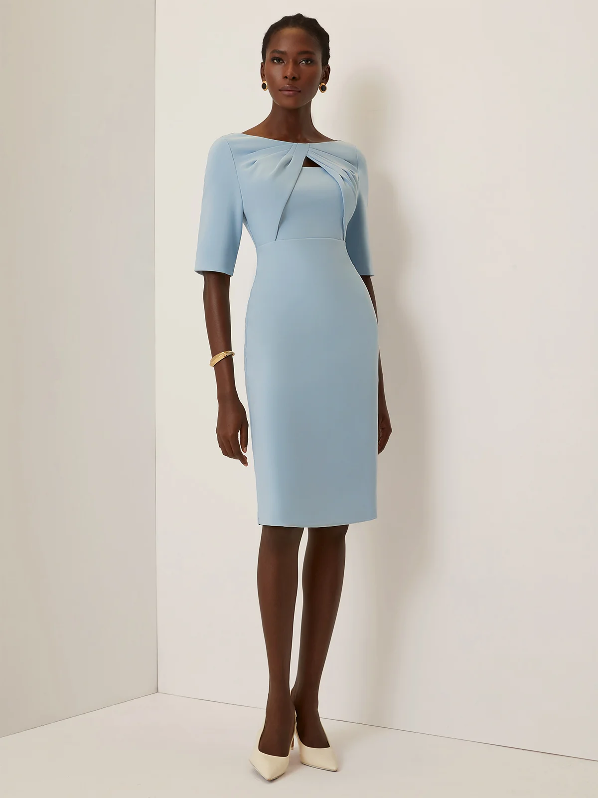 Light Blue Knot Classic Boat Neck Half Sleeve Sheath Midi Dress