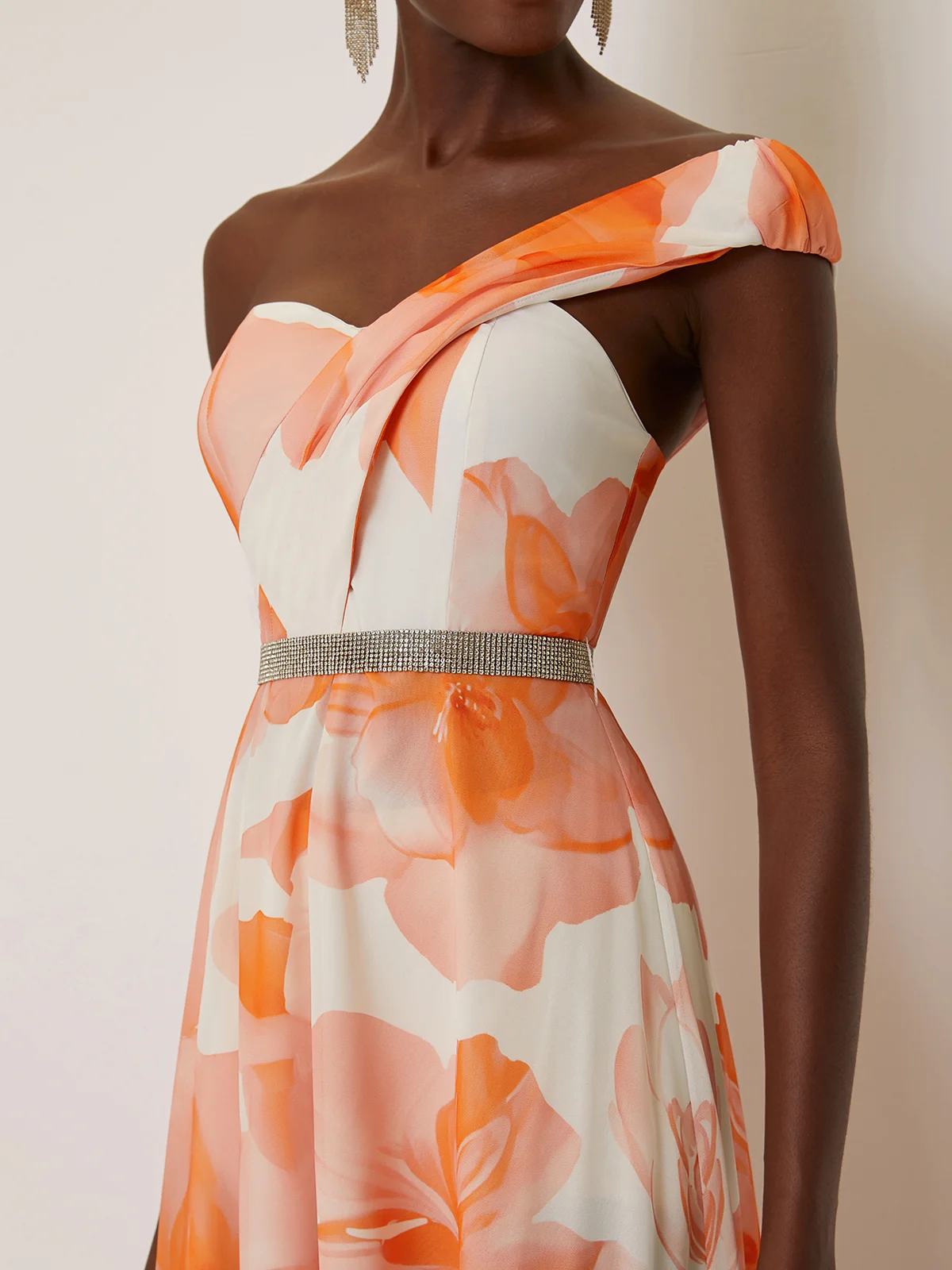 Orange Rhinestone Chiffon One Shoulder Sleeveless A-Line Maxi Dress