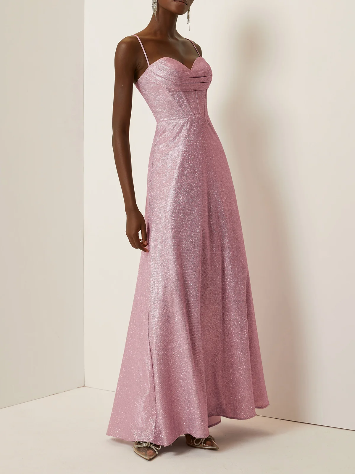 Light Pink Ruched Satin Spaghetti Corset A-Line Gown Dress