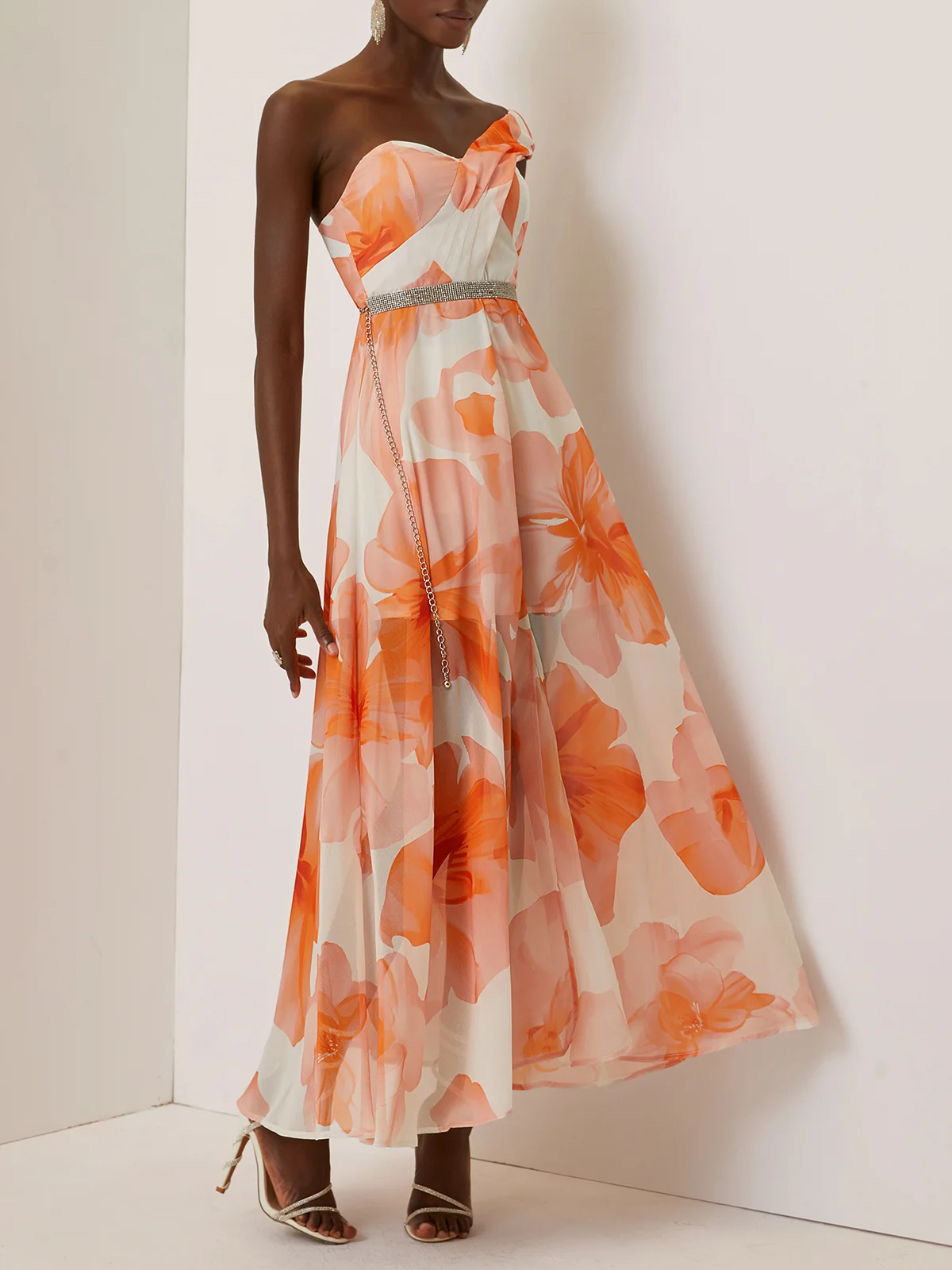 Orange Rhinestone Chiffon One Shoulder Sleeveless A-Line Maxi Dress