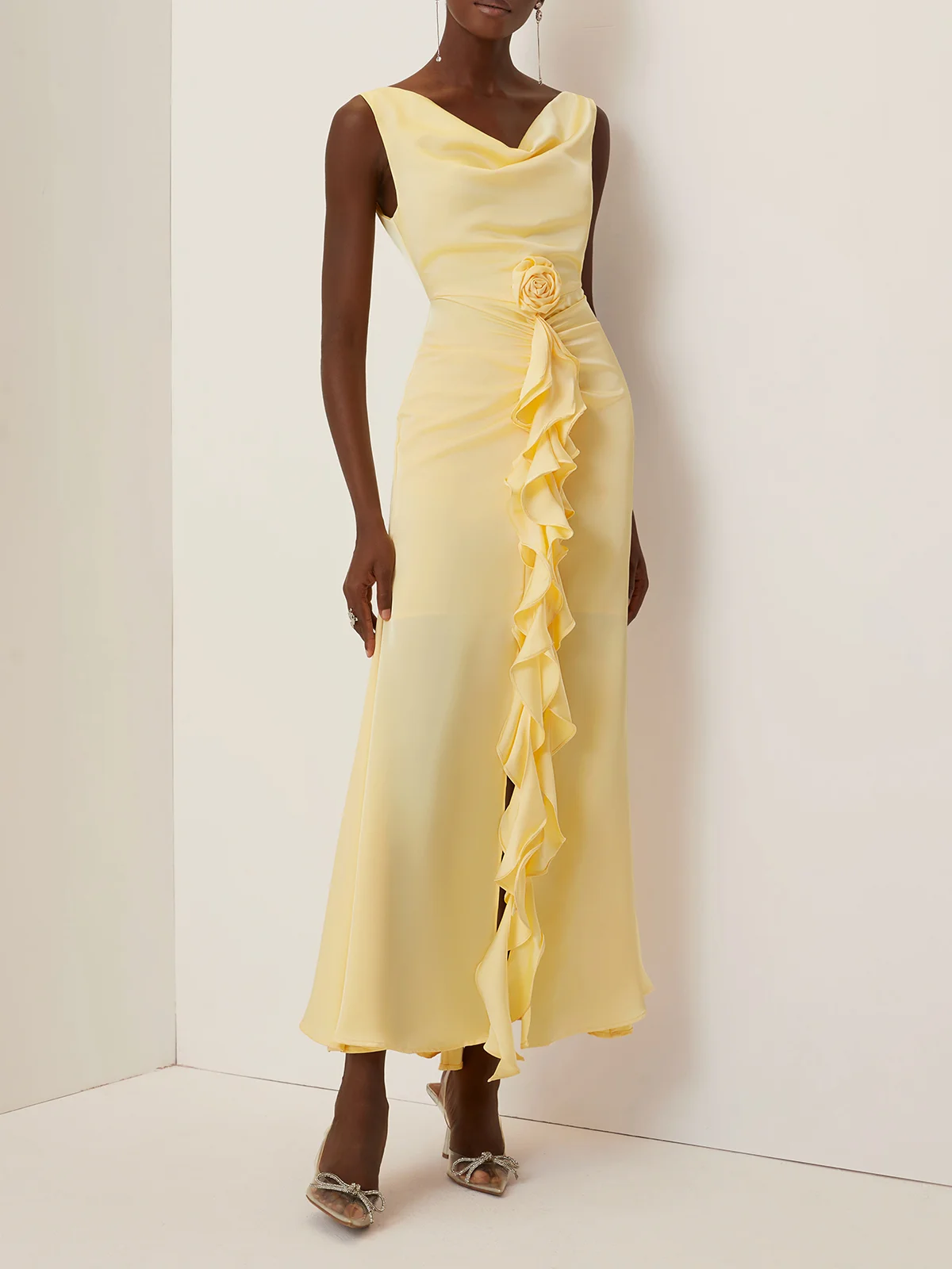 Yellow 3D Floral Peplum Satin Cowl Neck Sleeveless Mermaid Maxi Dress