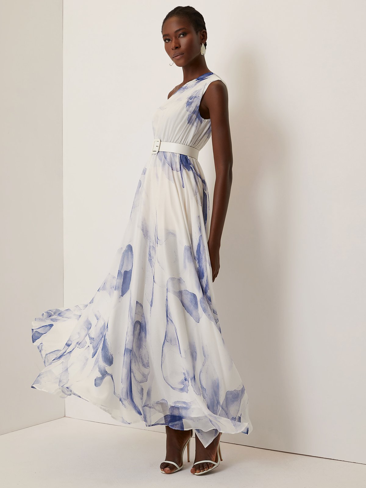 Blue Ruched Asymmetric Chiffon One Shoulder Short Sleeve A-Line Maxi Dress